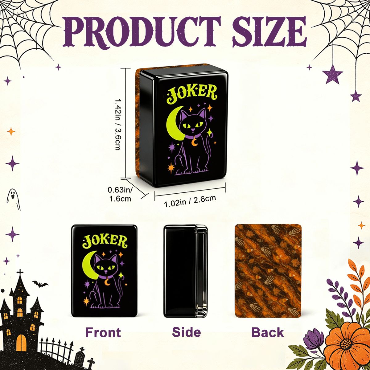 Pumpkin Hex Halloween mahjong tile size diagram: 1.42in front, 1.02in width, 0.63in side, featuring witch cat Joker design and orange pumpkin back