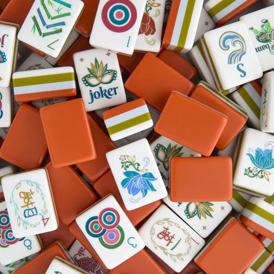 Amber Lotus burnt orange acrylic American mahjong tile set tiles and coordinated colors