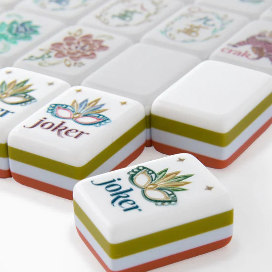 Amber Lotus burnt orange acrylic American mahjong tile set close-up tile artwork and layered acrylic backs