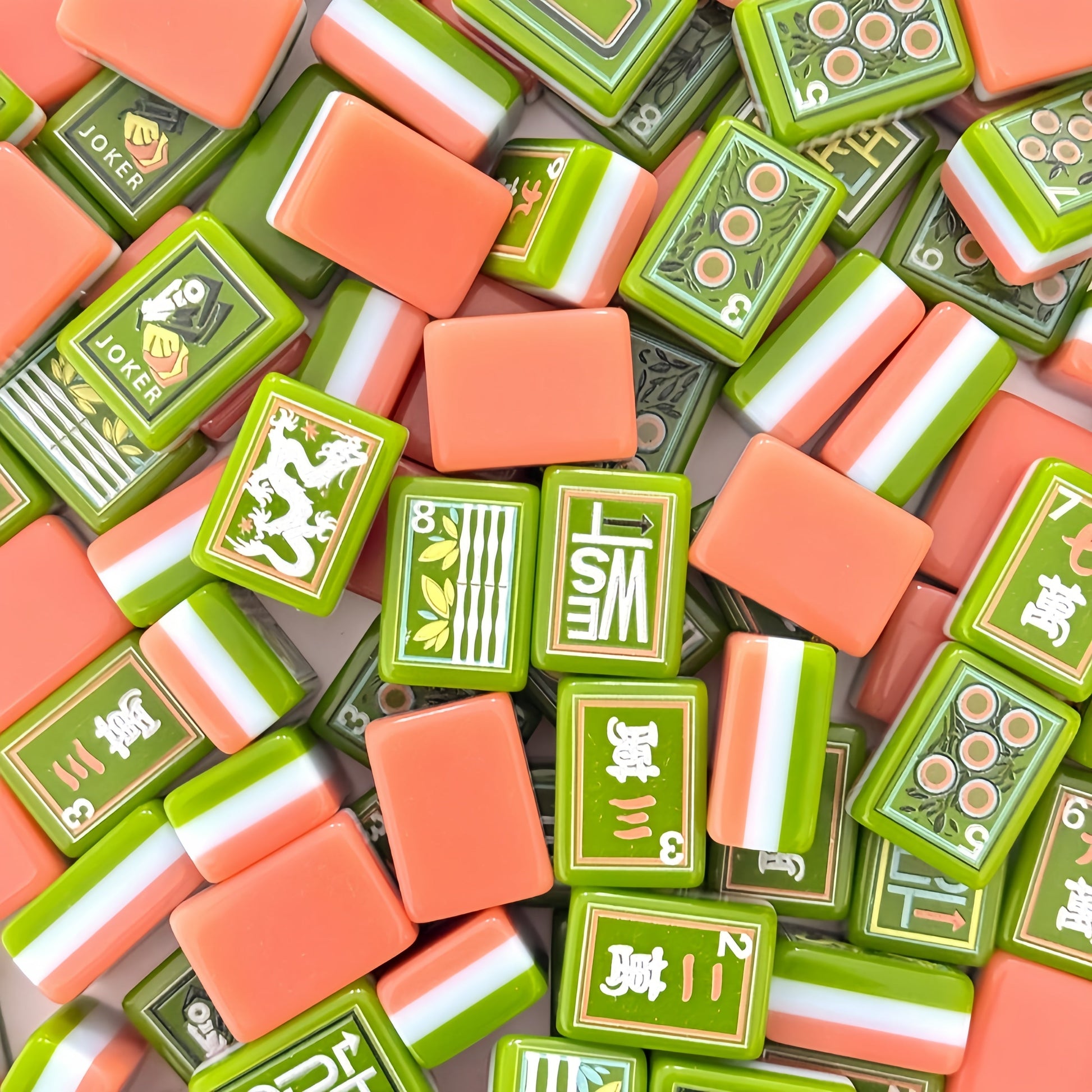 Artisan Grove artistic green and coral acrylic American mahjong tile set tiles and coordinated design