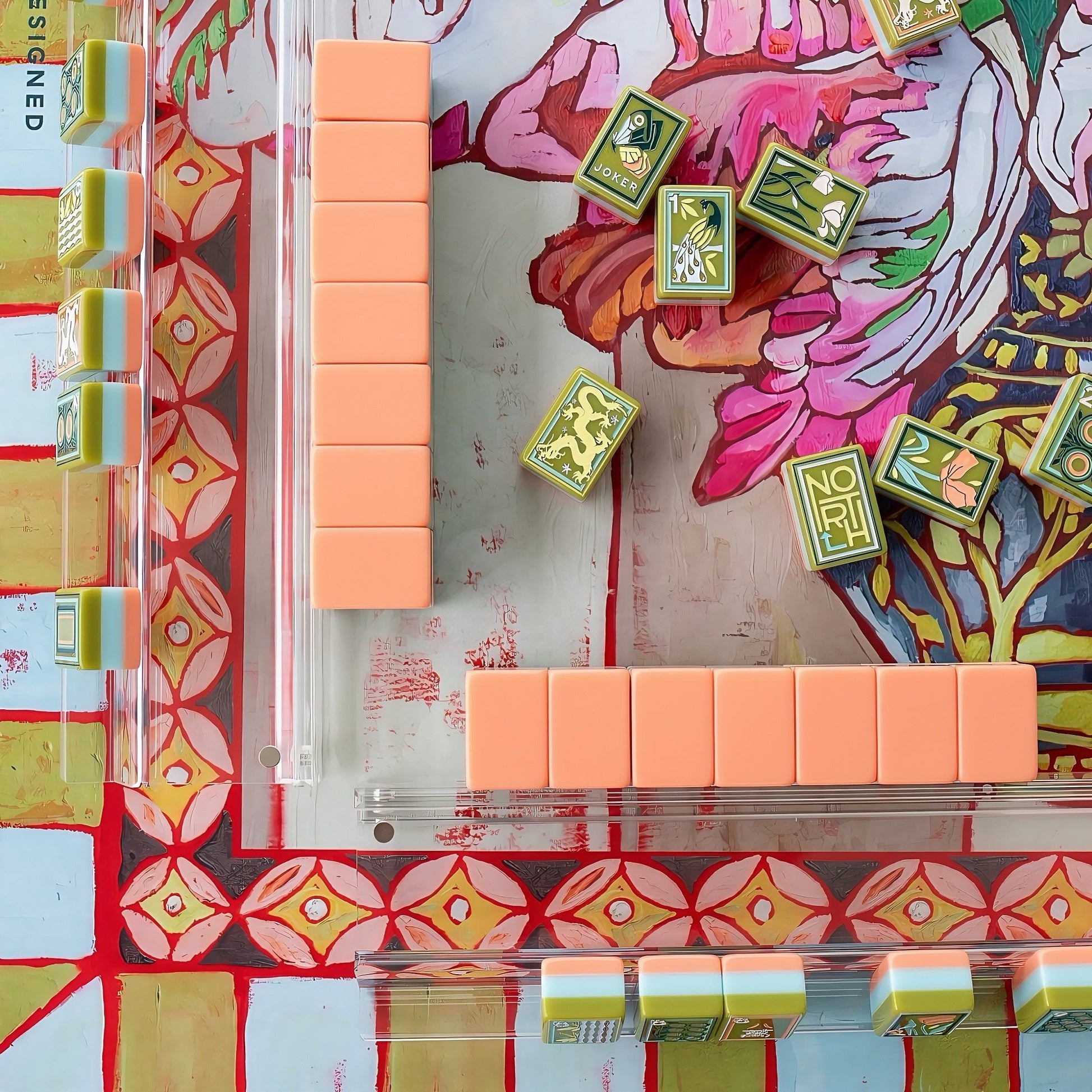 Artisan Grove artistic green and coral acrylic American mahjong tile set tile size and layered acrylic details