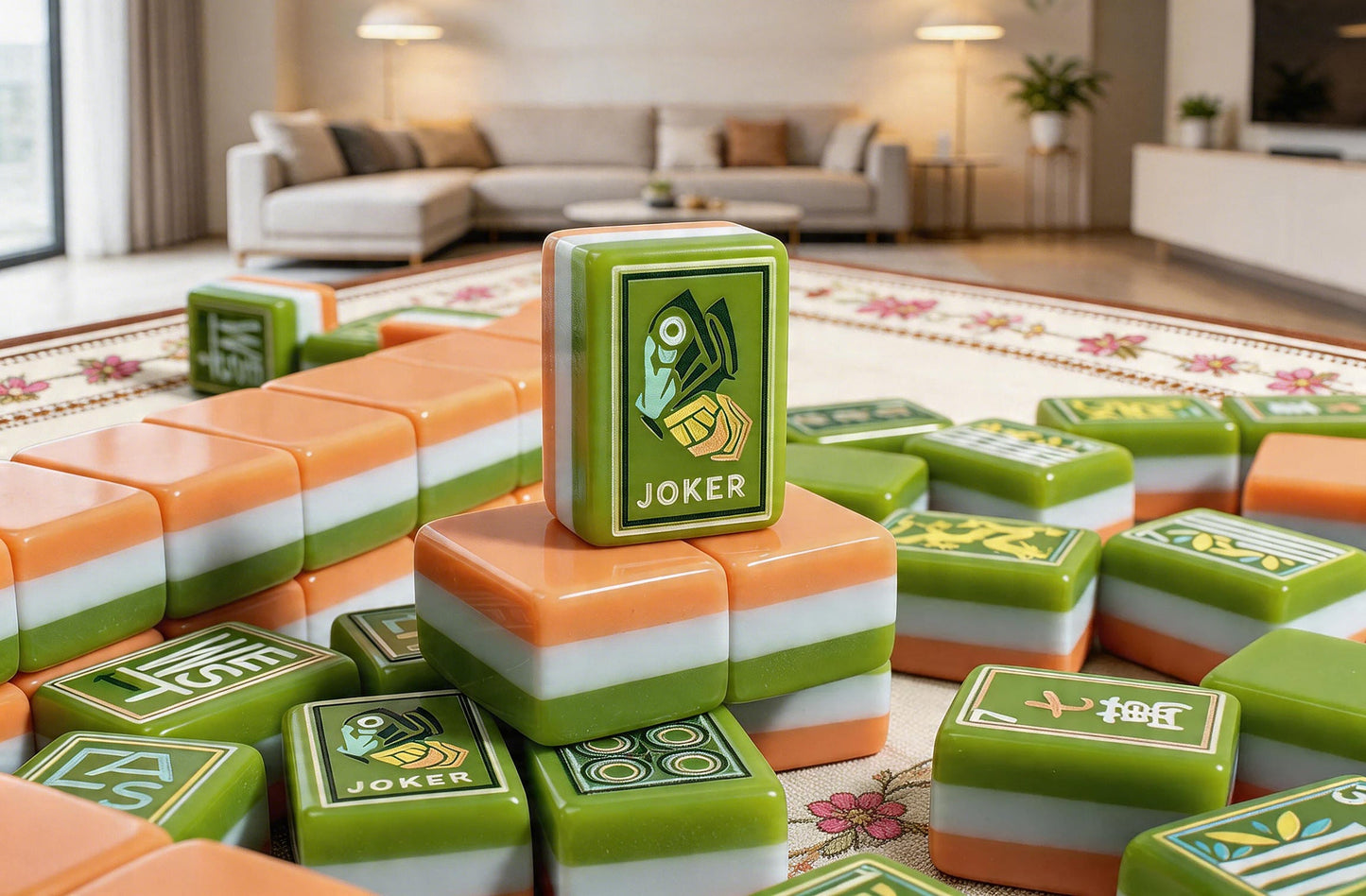 Artisan Grove artistic green and coral acrylic American mahjong tile set additional product view