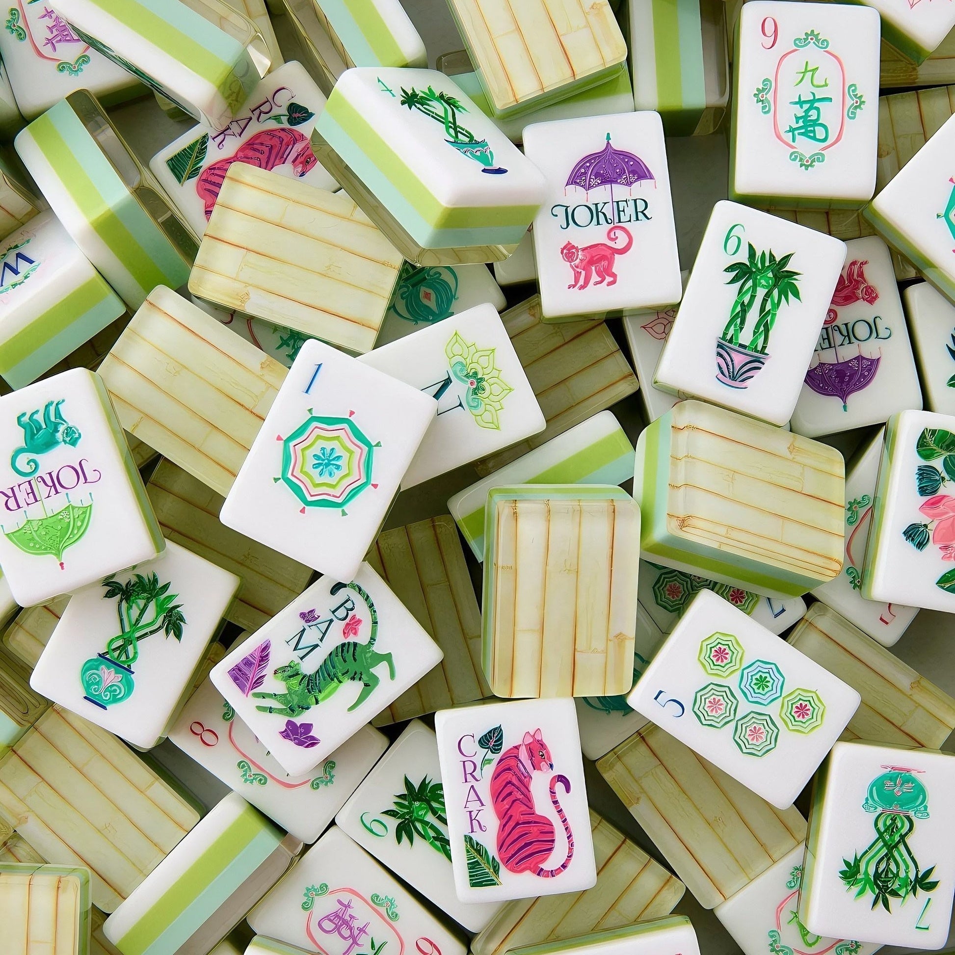 Bamboo Grove bamboo and olive acrylic American mahjong tile set tiles and coordinated colors