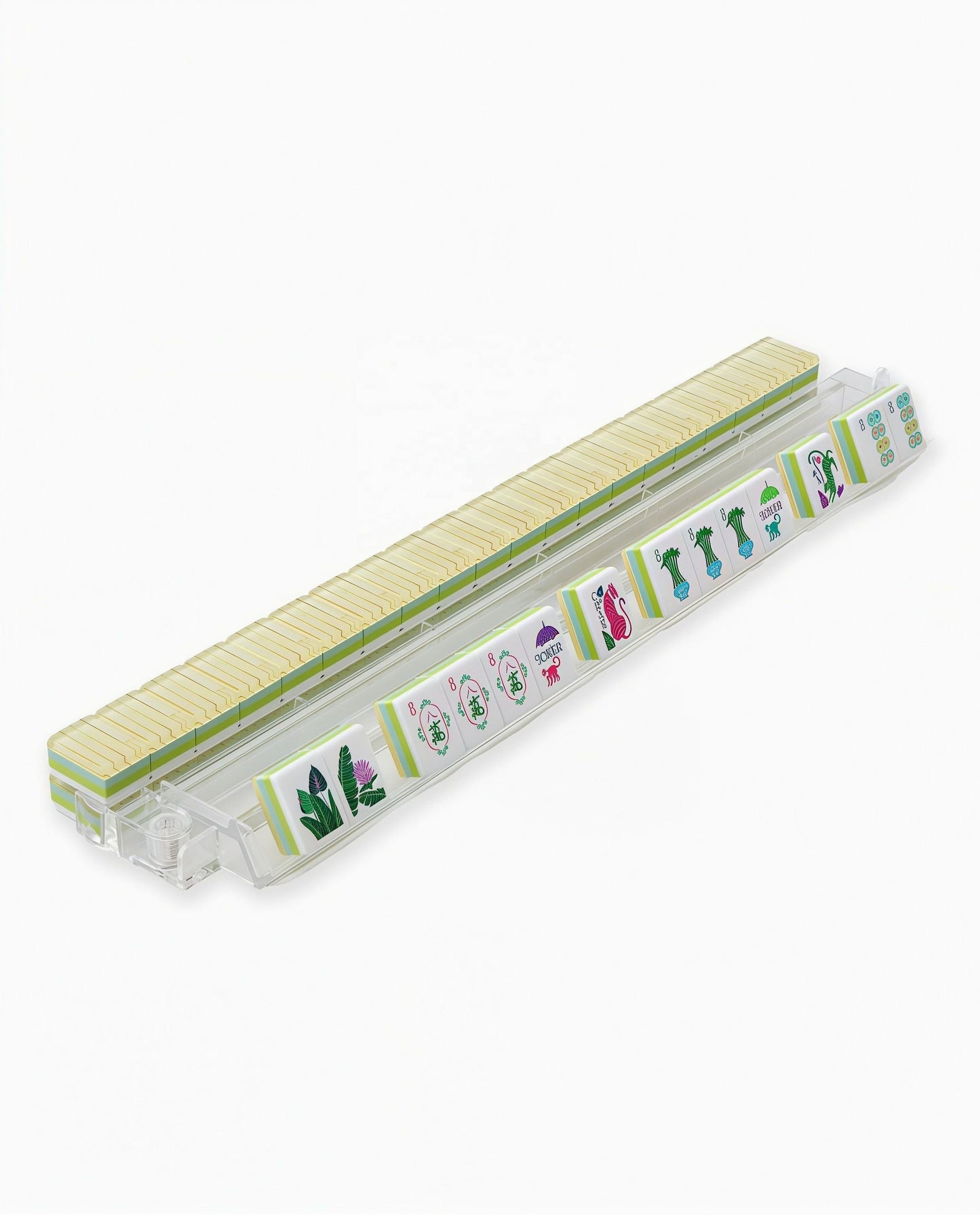 Bamboo Grove bamboo and olive acrylic American mahjong tile set tiles arranged on a clear pusher