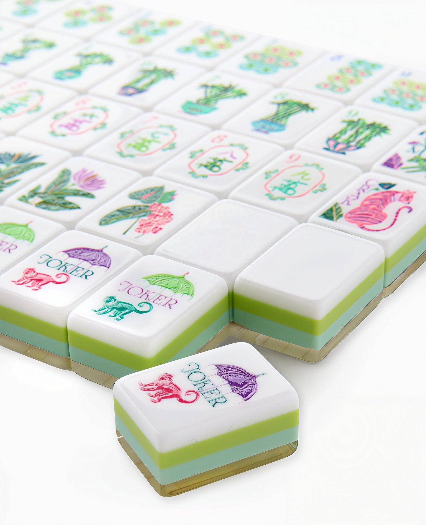 Bamboo Grove bamboo and olive acrylic American mahjong tile set close-up tile artwork and layered acrylic backs