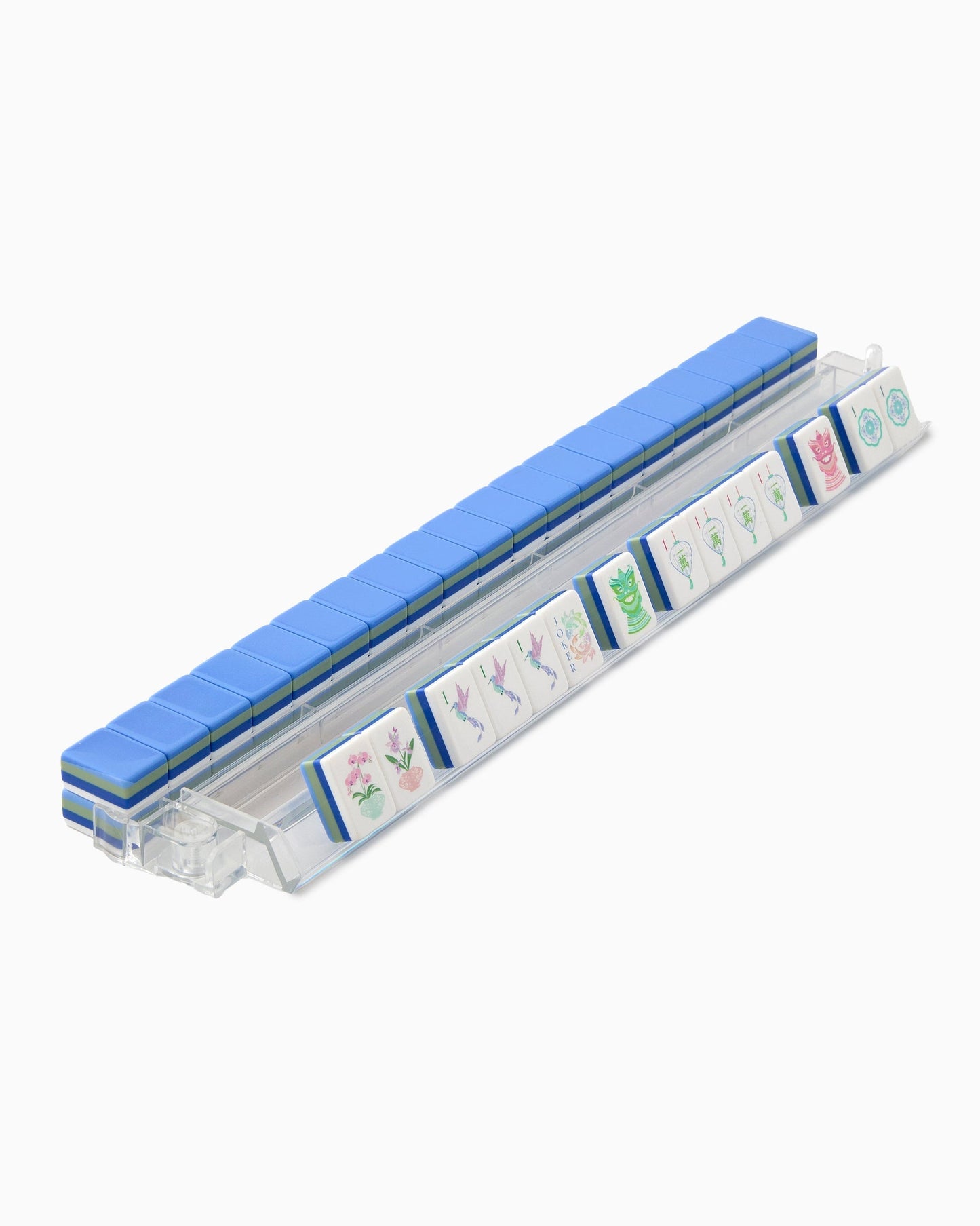 Blue Lotus sky blue acrylic American mahjong tile set tiles arranged on a clear pusher