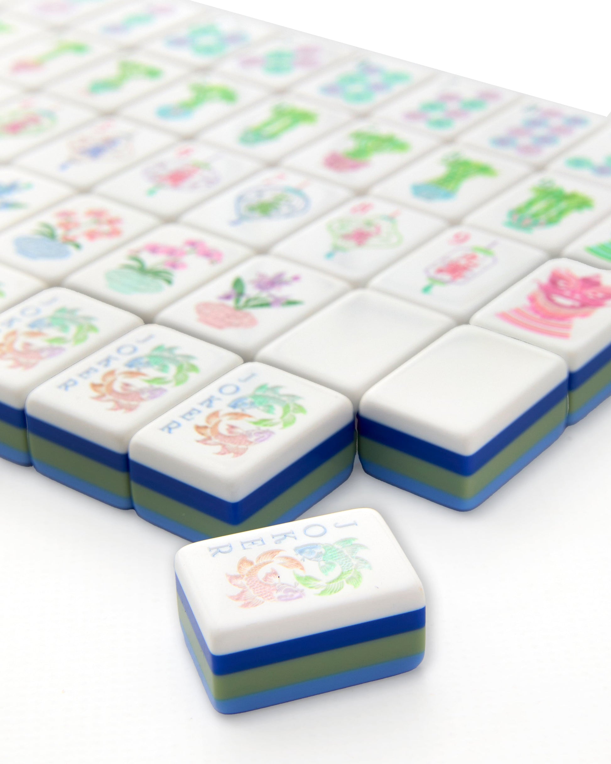 Blue Lotus sky blue acrylic American mahjong tile set close-up tile artwork and layered acrylic backs