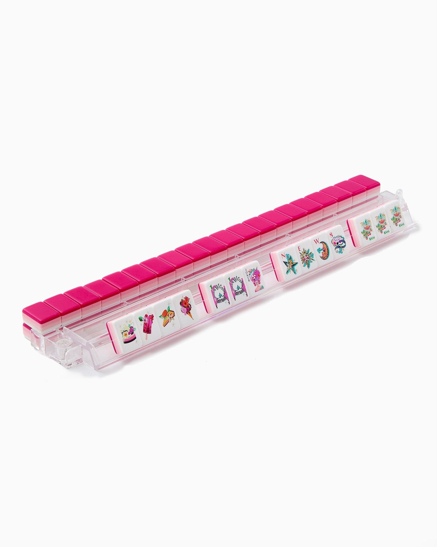 Candy Constellation candy pink acrylic American mahjong tile set tiles arranged on a clear pusher