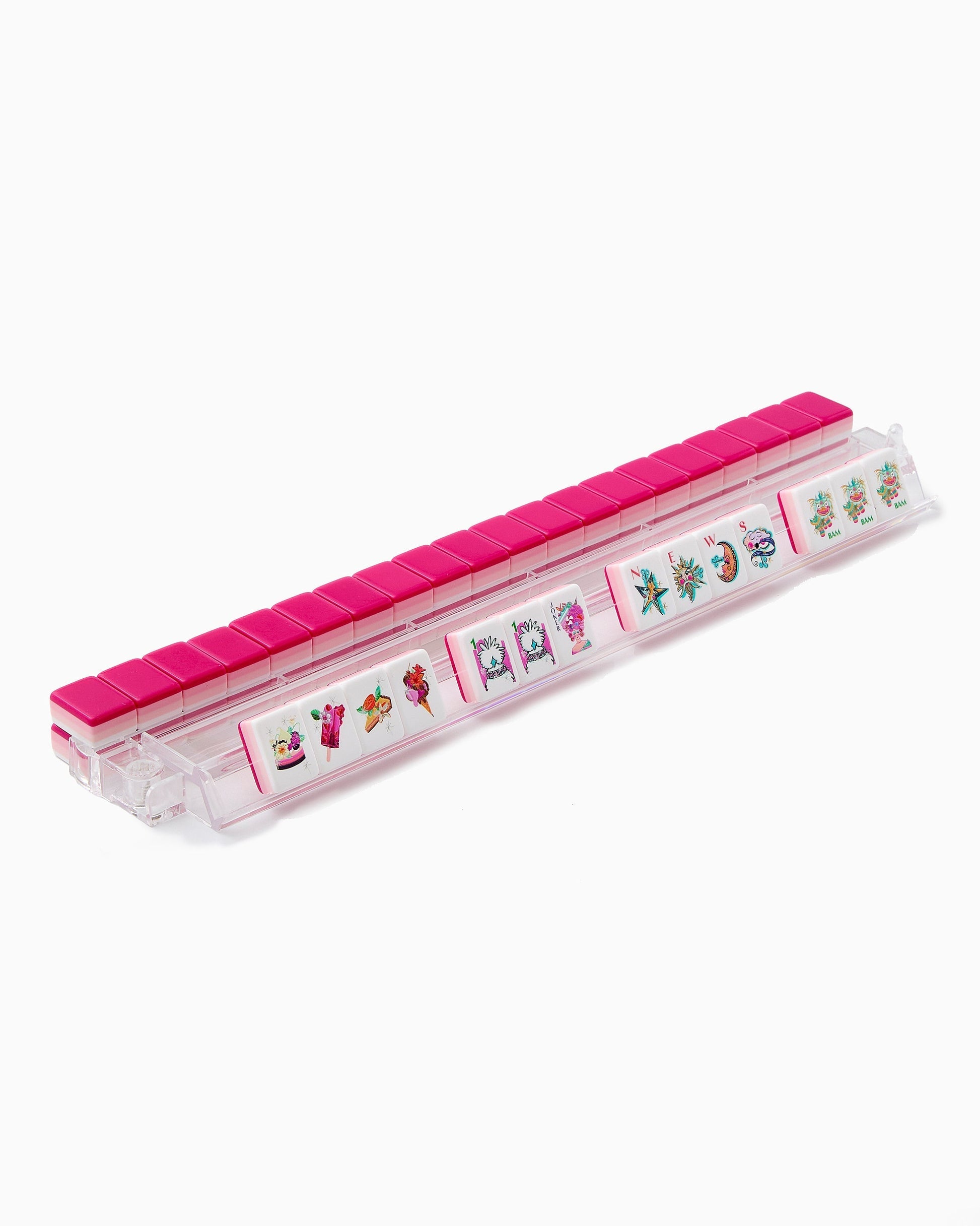 Candy Constellation candy pink acrylic American mahjong tile set tiles arranged on a clear pusher