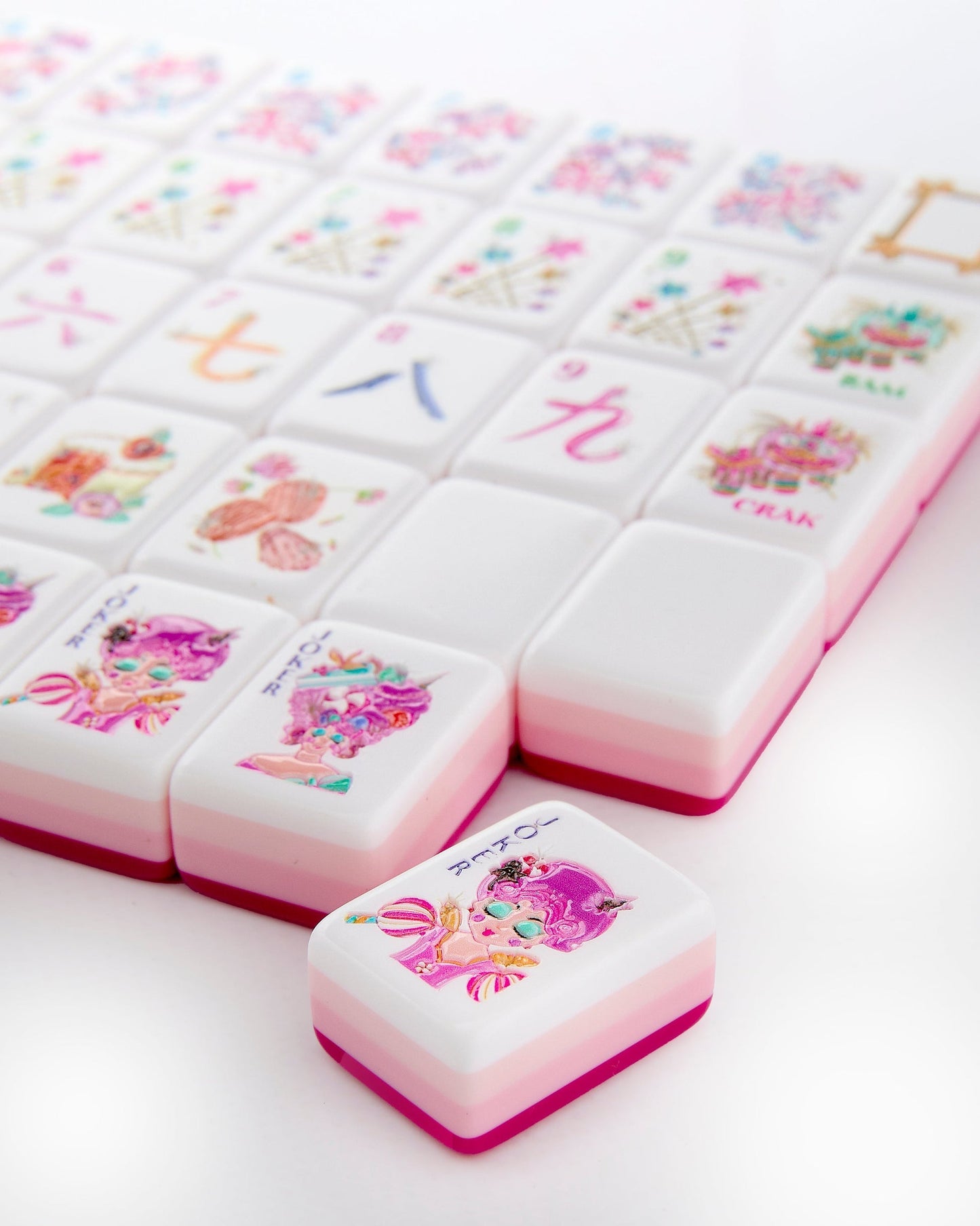 Candy Constellation candy pink acrylic American mahjong tile set close-up tile artwork and layered acrylic backs
