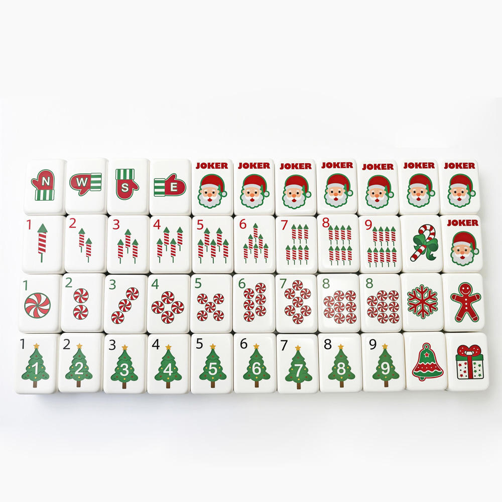 Christmas Cheer Christmas red and green acrylic American mahjong tile set close-up tile artwork and layered acrylic backs
