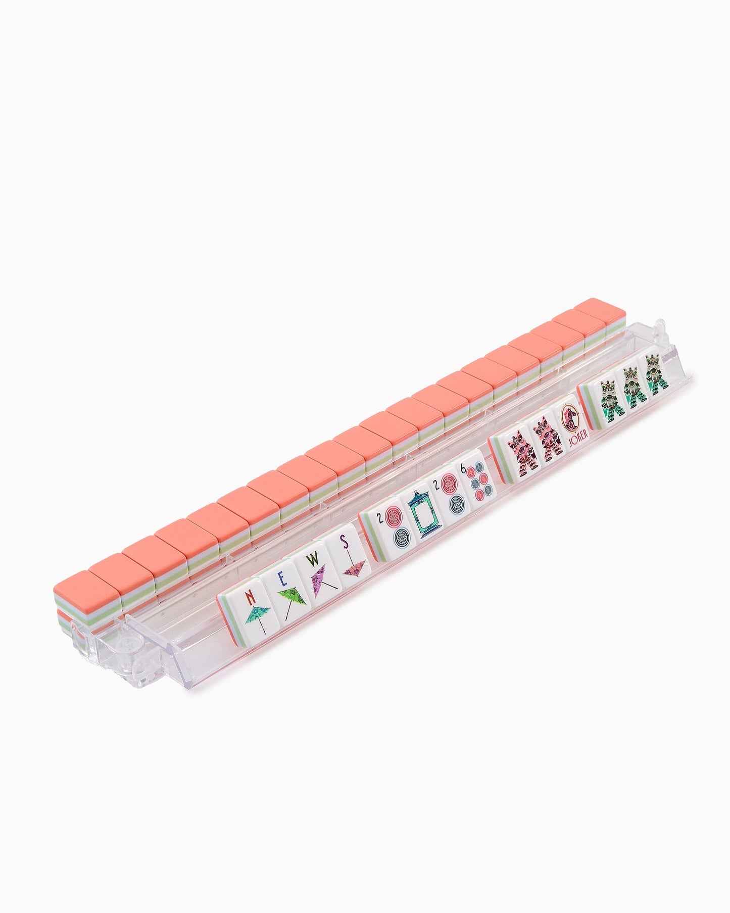Coral Equestrian coral orange acrylic American mahjong tile set tiles arranged on a clear pusher