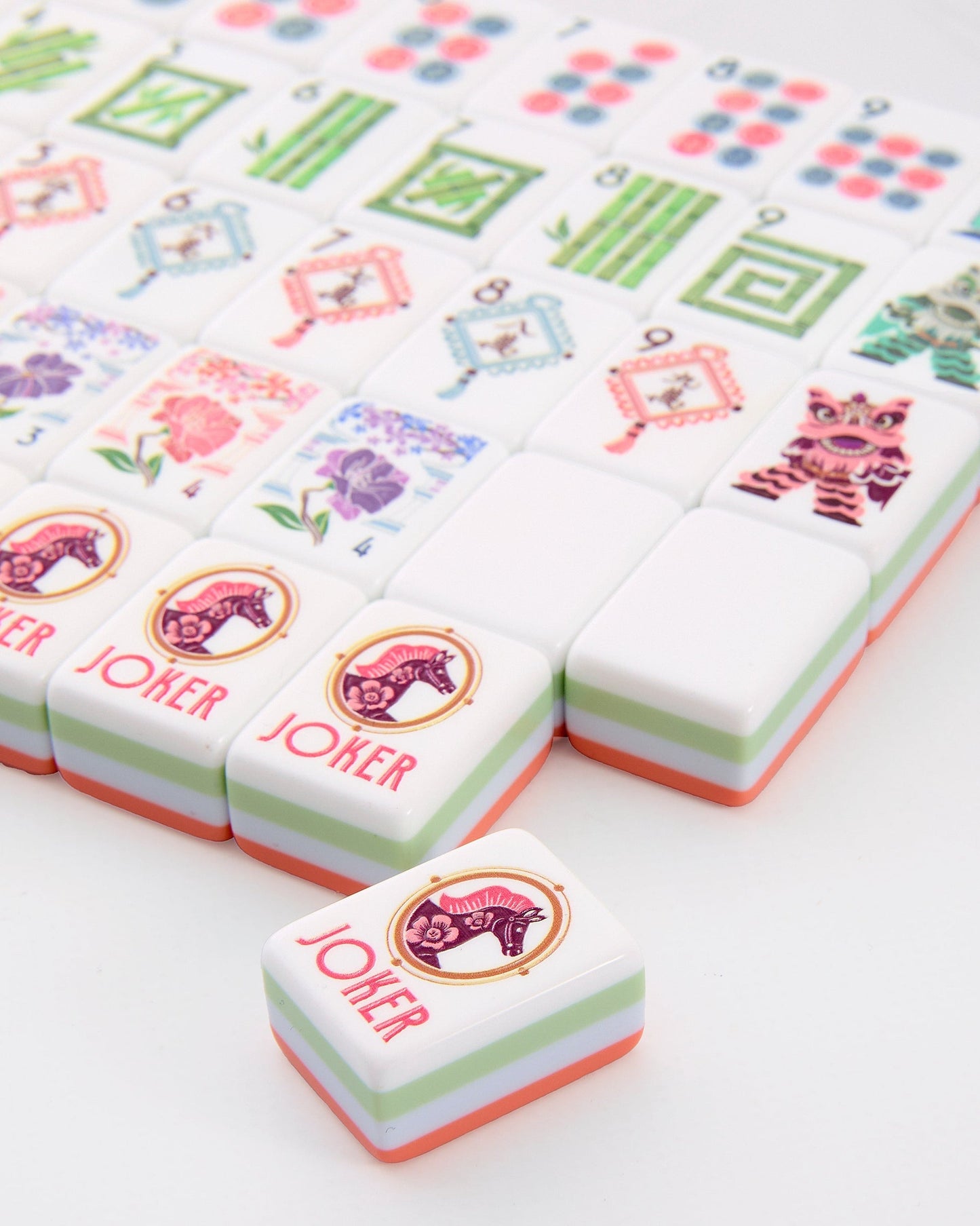 Coral Equestrian coral orange acrylic American mahjong tile set close-up tile artwork and layered acrylic backs