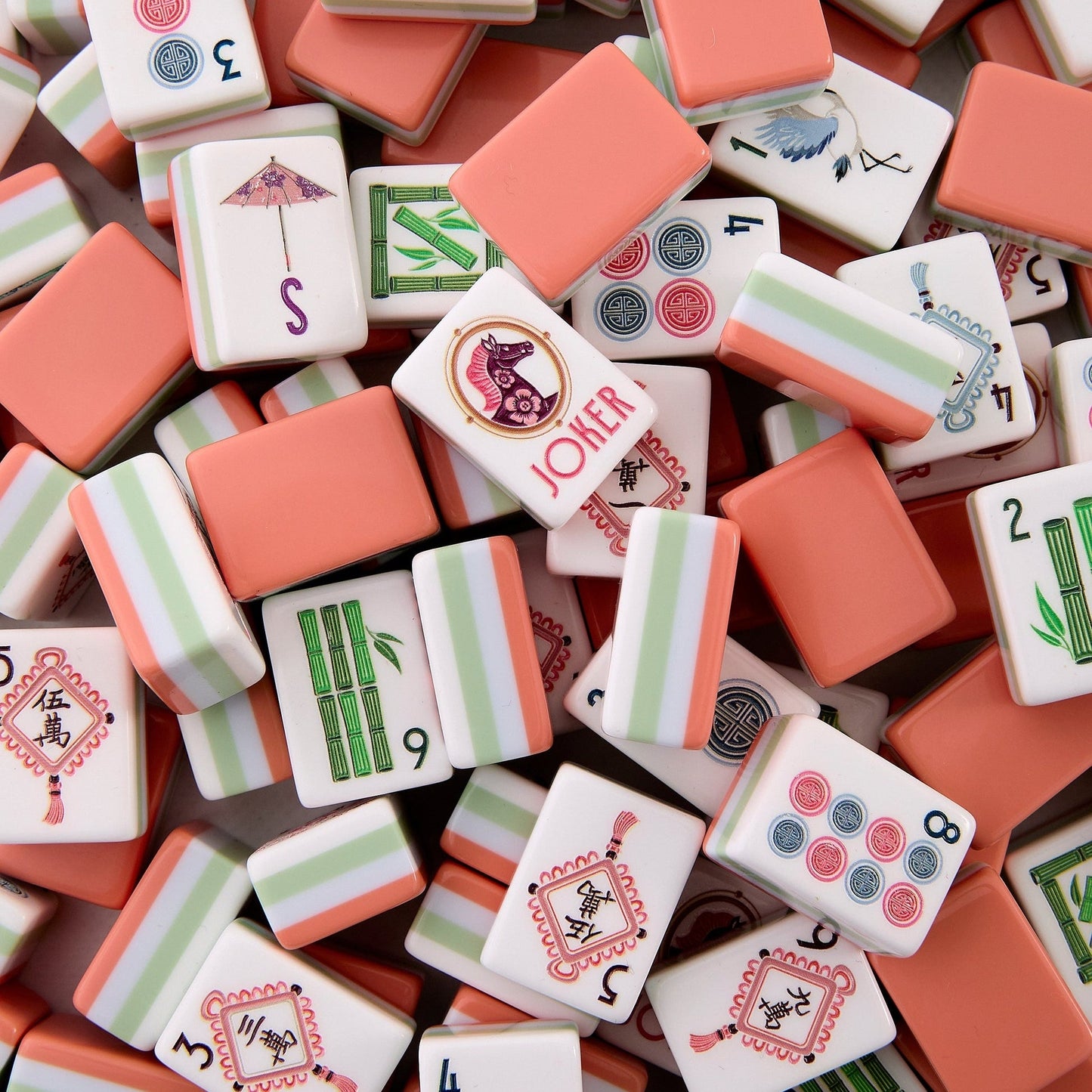 Coral Equestrian coral orange acrylic American mahjong tile set storage and product overview