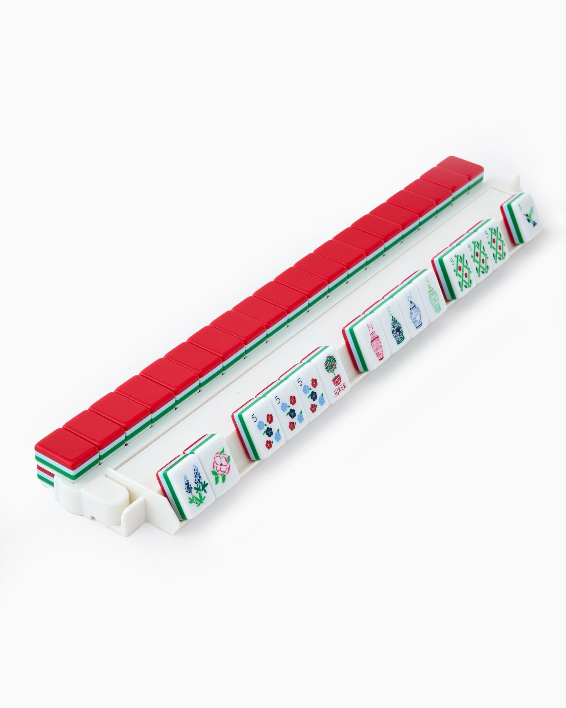 Crimson Garden crimson red acrylic American mahjong tile set tiles arranged on a clear pusher