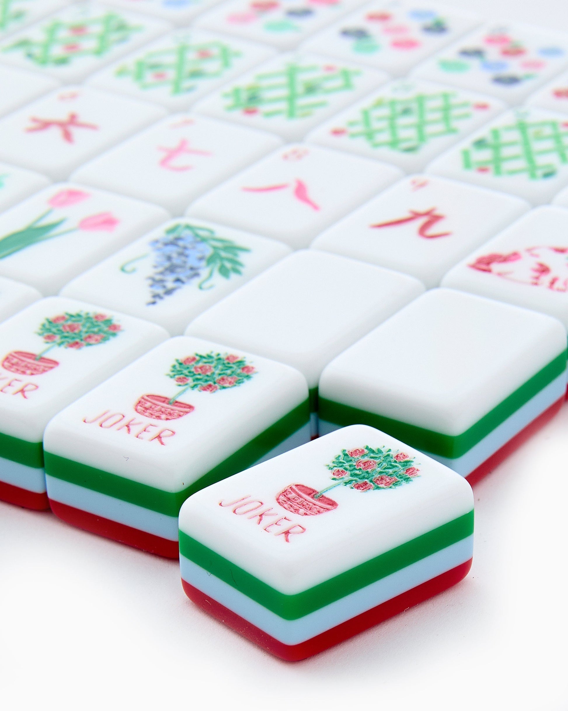 Crimson Garden crimson red acrylic American mahjong tile set close-up tile artwork and layered acrylic backs