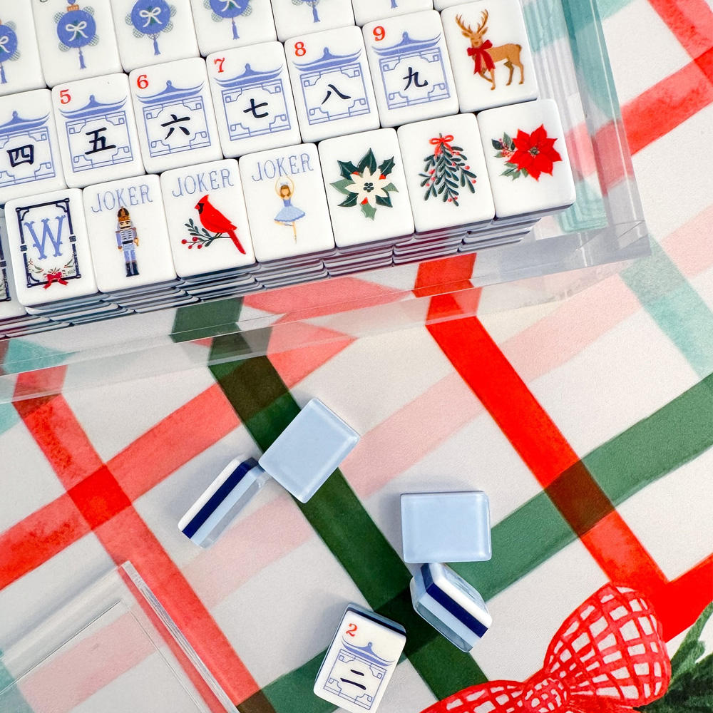 Frosted Blue Noel acrylic American mahjong close-up face detail arrangement — ornament dots and topiary bams, Mahjong Loft