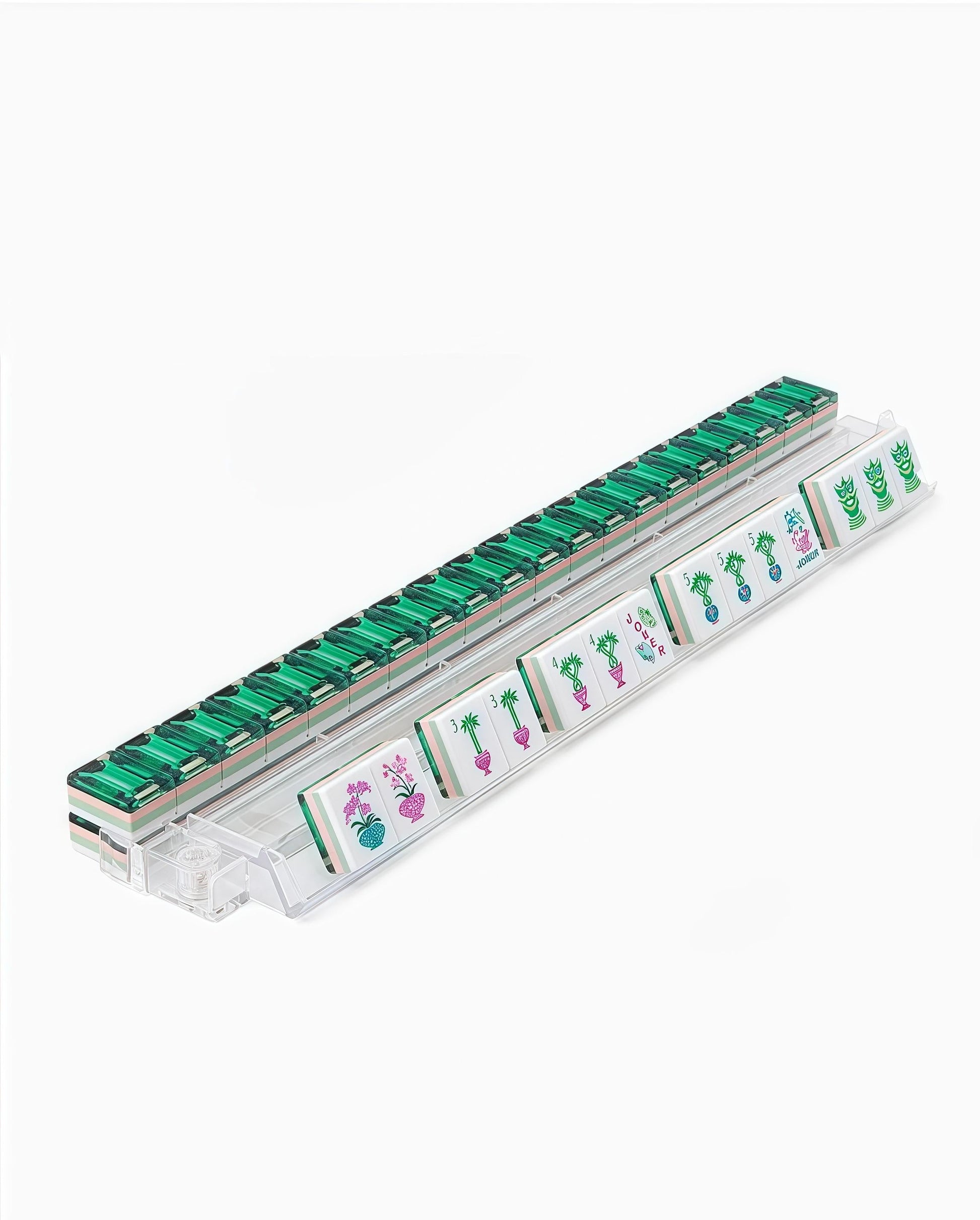 Emerald Jewel emerald green acrylic American mahjong tile set tiles arranged on a clear pusher