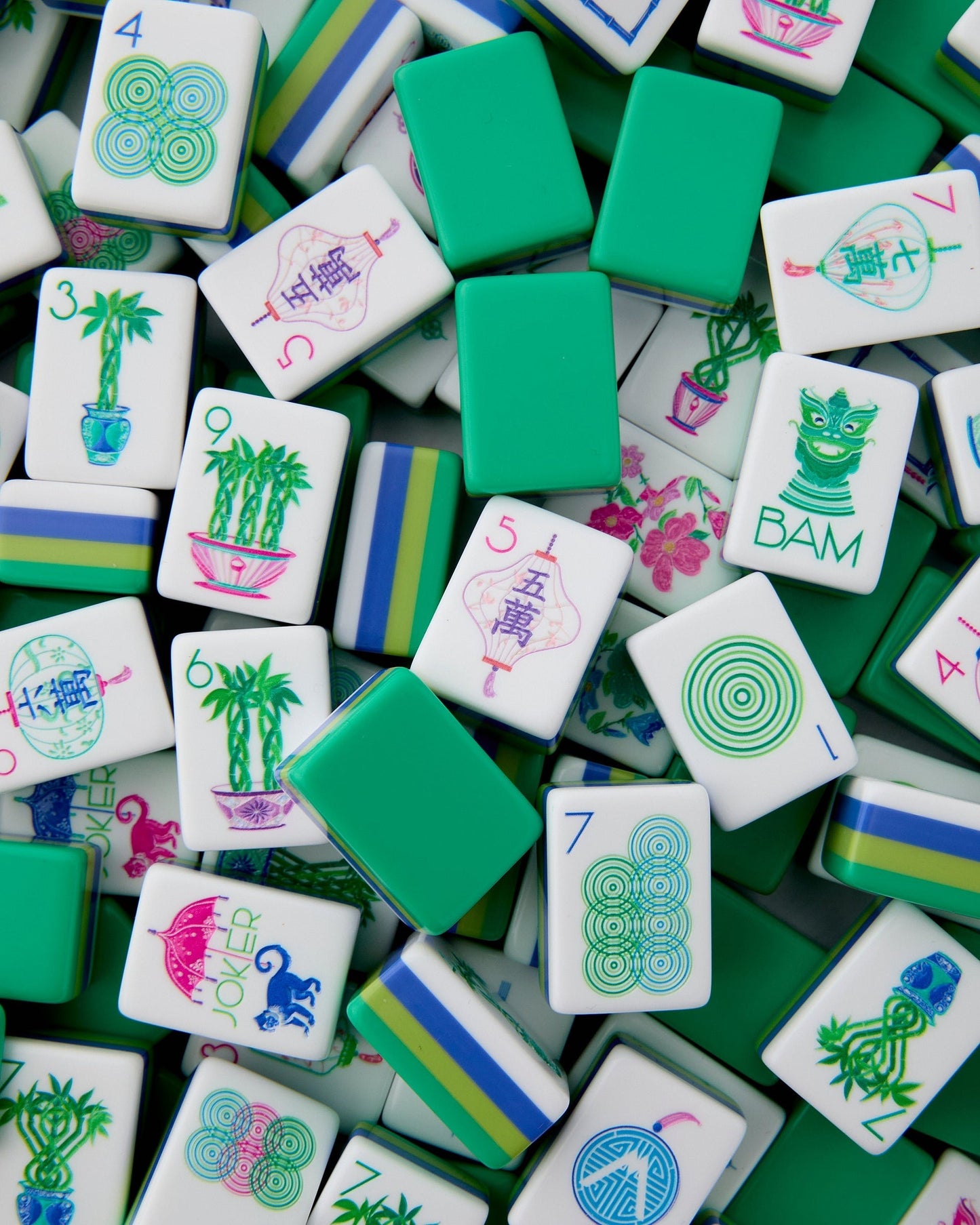 Emerald Monkey emerald green acrylic American mahjong tile set tiles and coordinated colors