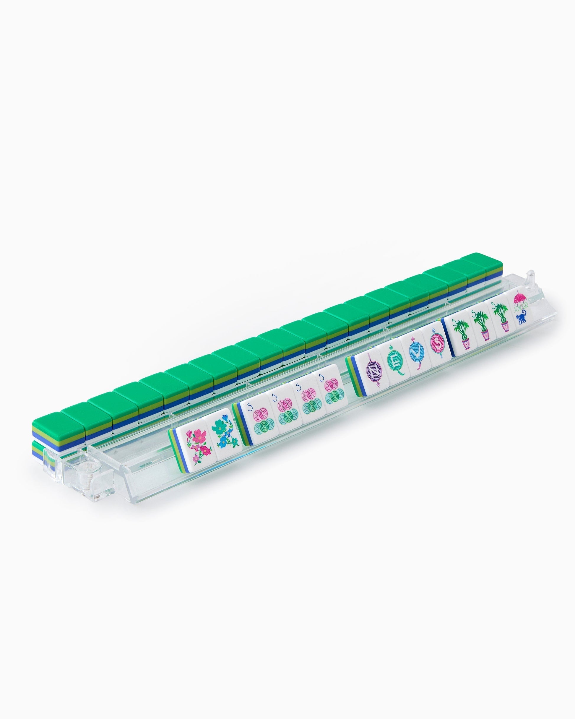 Emerald Monkey emerald green acrylic American mahjong tile set tiles arranged on a clear pusher