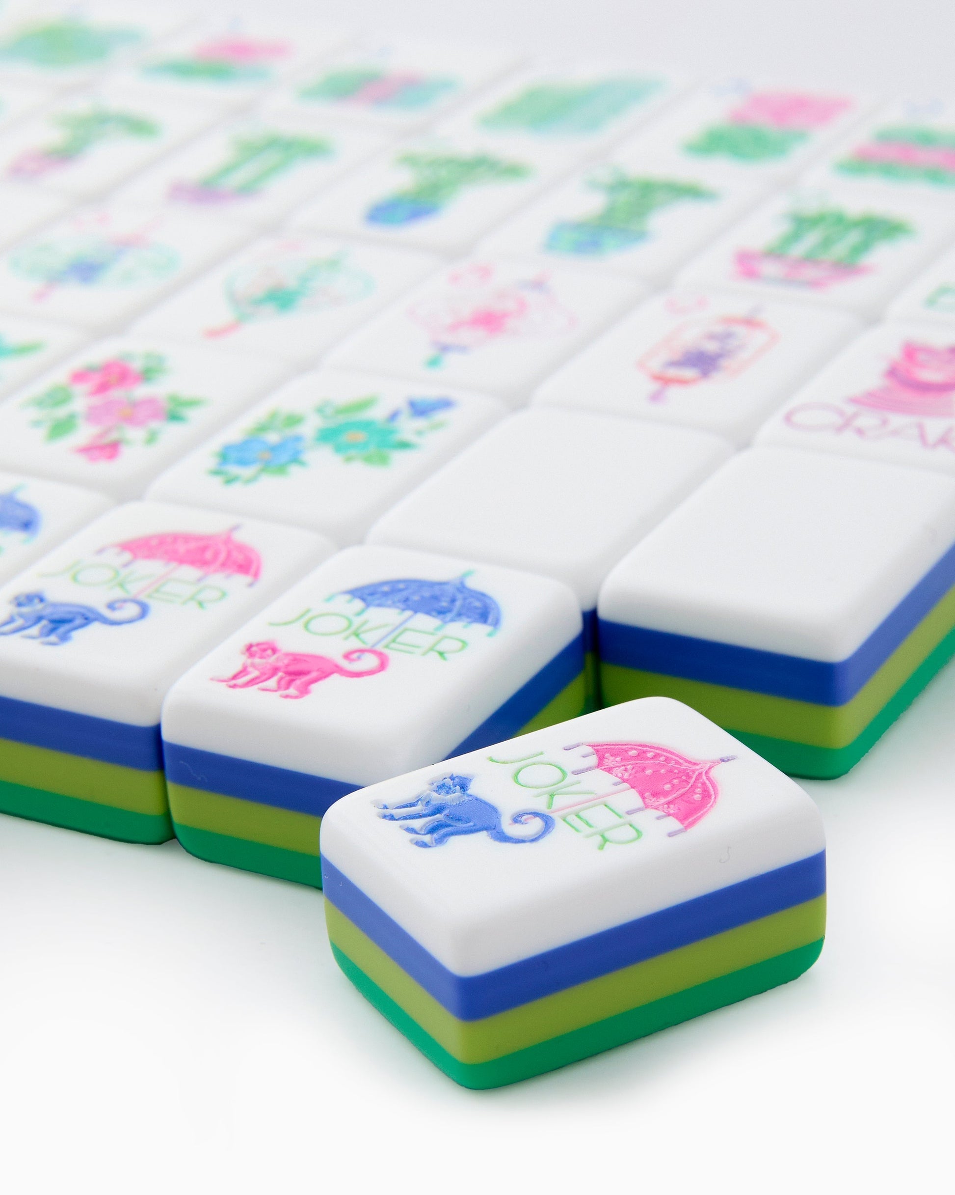 Emerald Monkey emerald green acrylic American mahjong tile set close-up tile artwork and layered acrylic backs