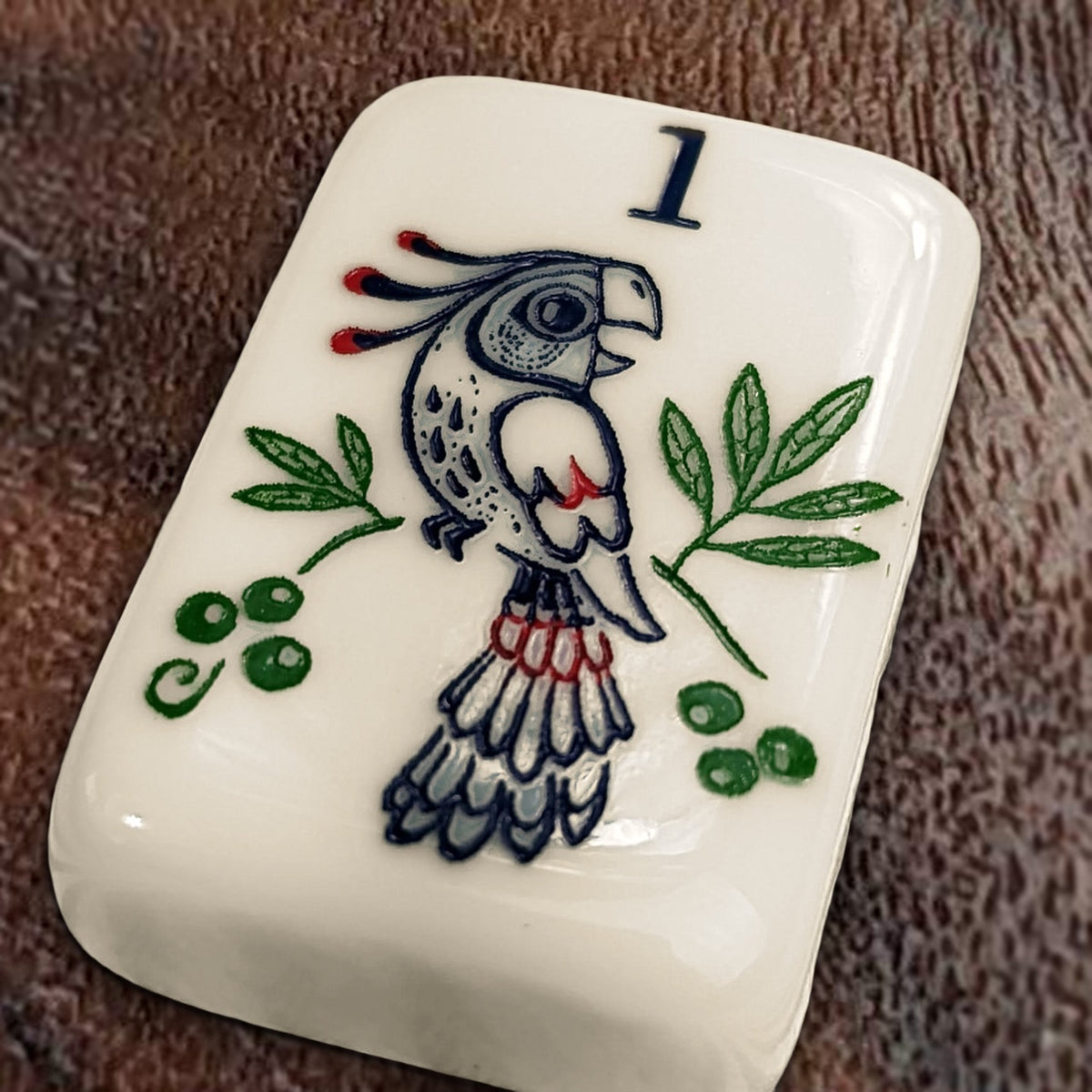 Florence Cream acrylic mahjong tile with parrot one bam artwork