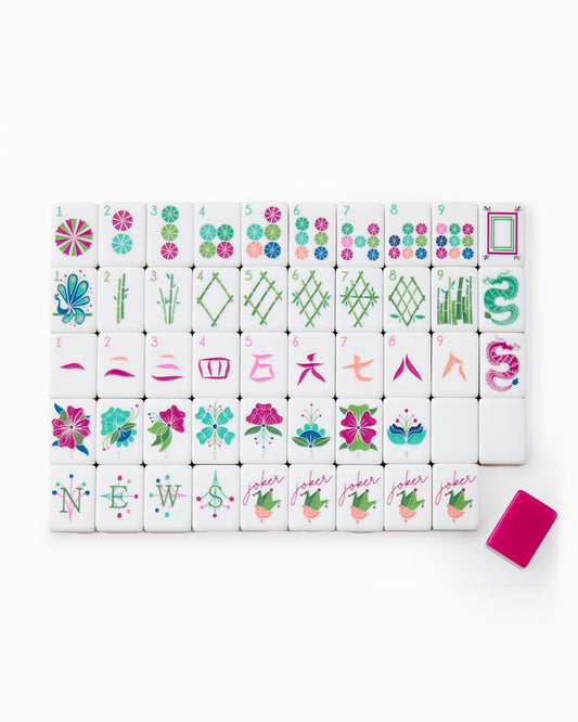 Fuchsia Bloom rose red acrylic American mahjong tile set complete tile layout