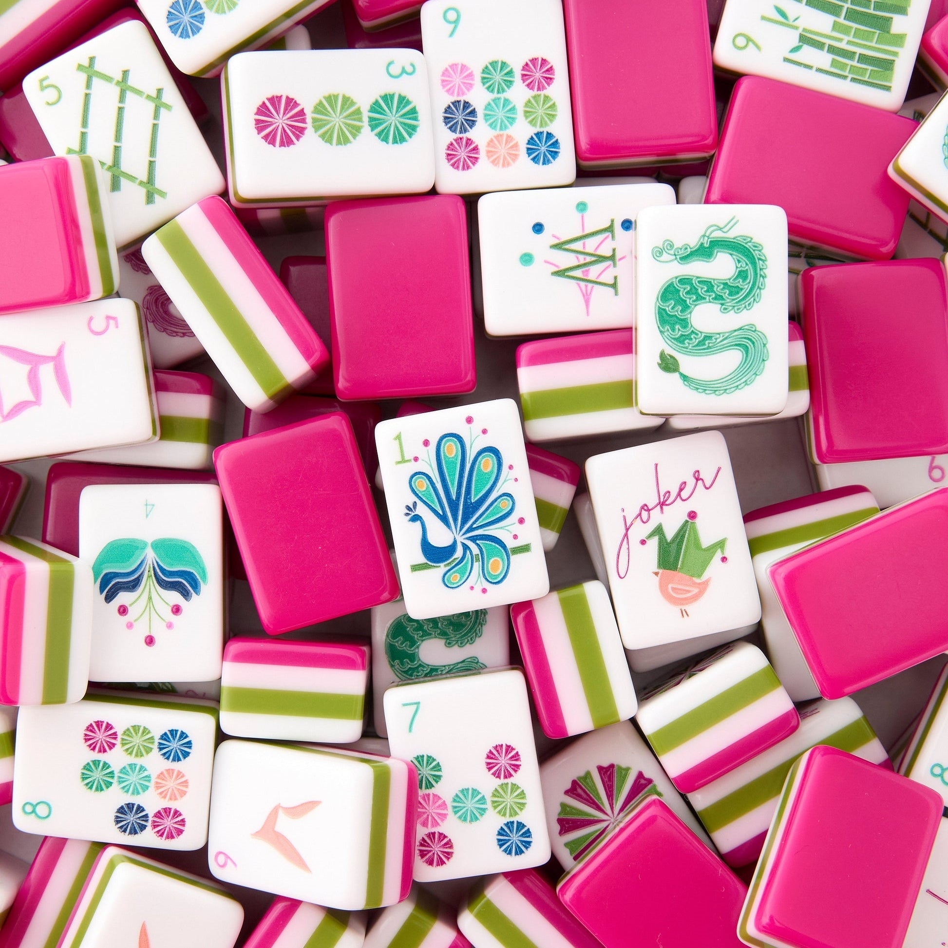 Fuchsia Bloom rose red acrylic American mahjong tile set tiles and coordinated colors