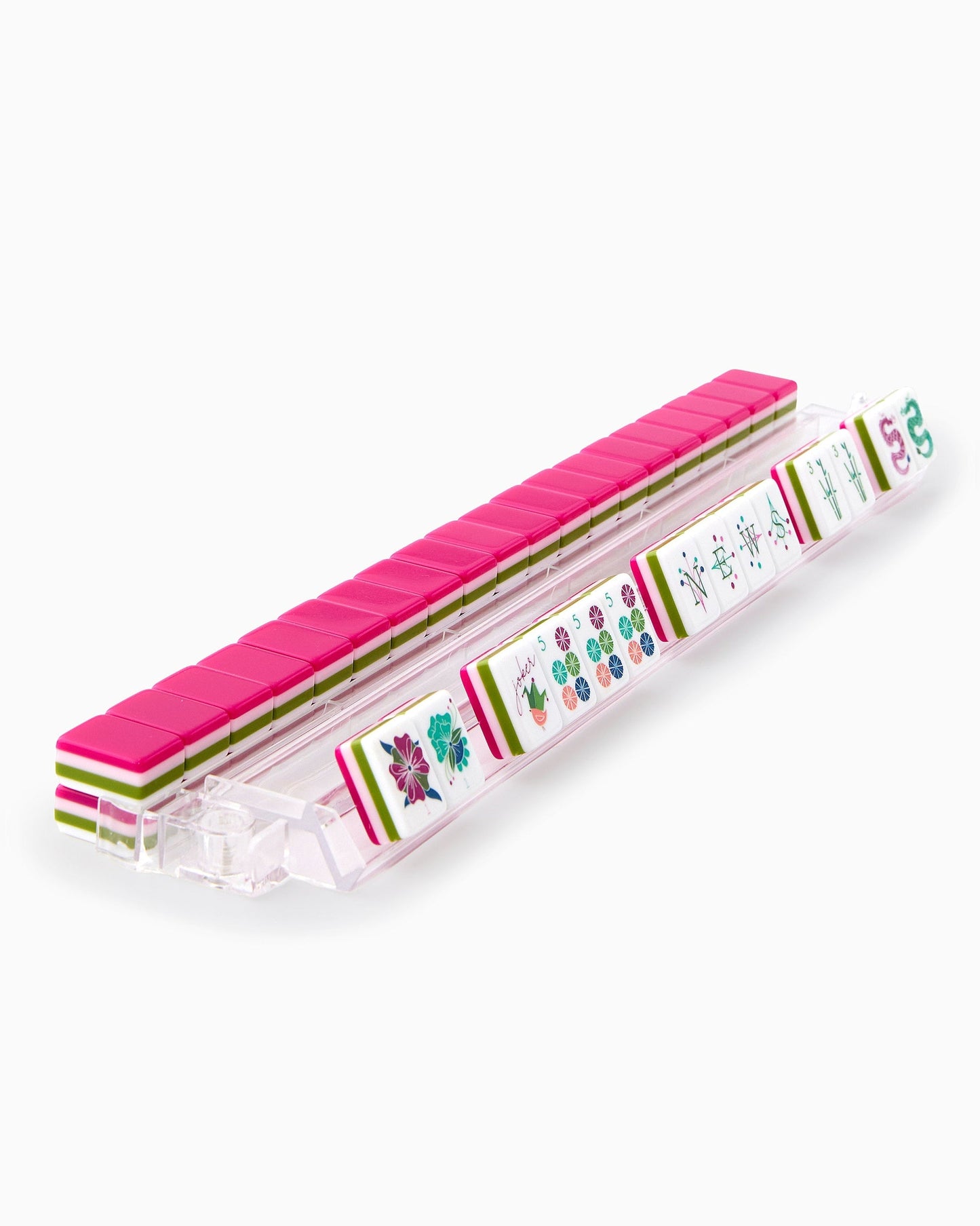 Fuchsia Bloom rose red acrylic American mahjong tile set tiles arranged on a clear pusher