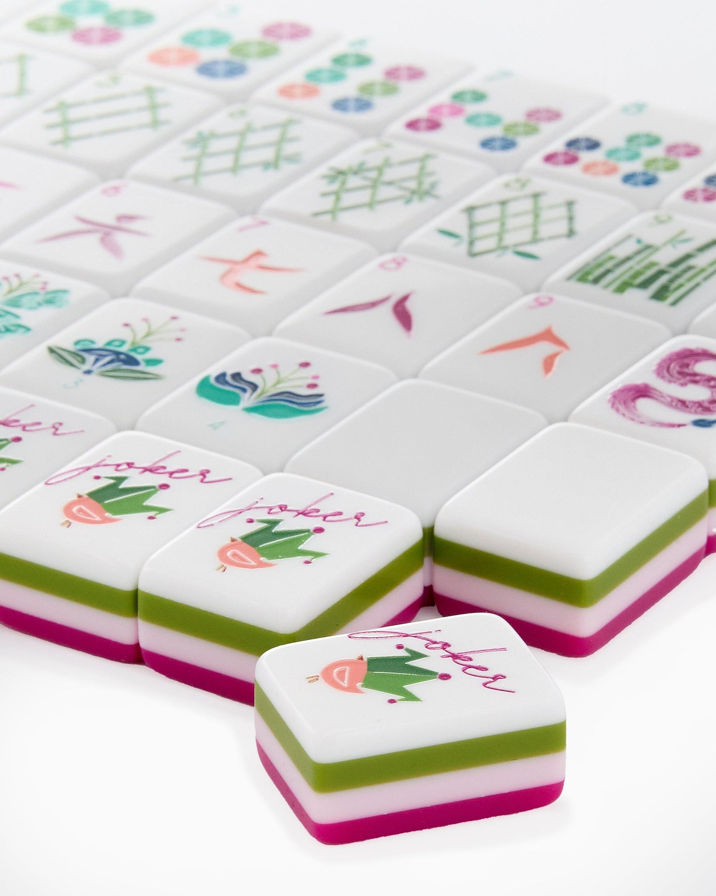 Fuchsia Bloom rose red acrylic American mahjong tile set close-up tile artwork and layered acrylic backs
