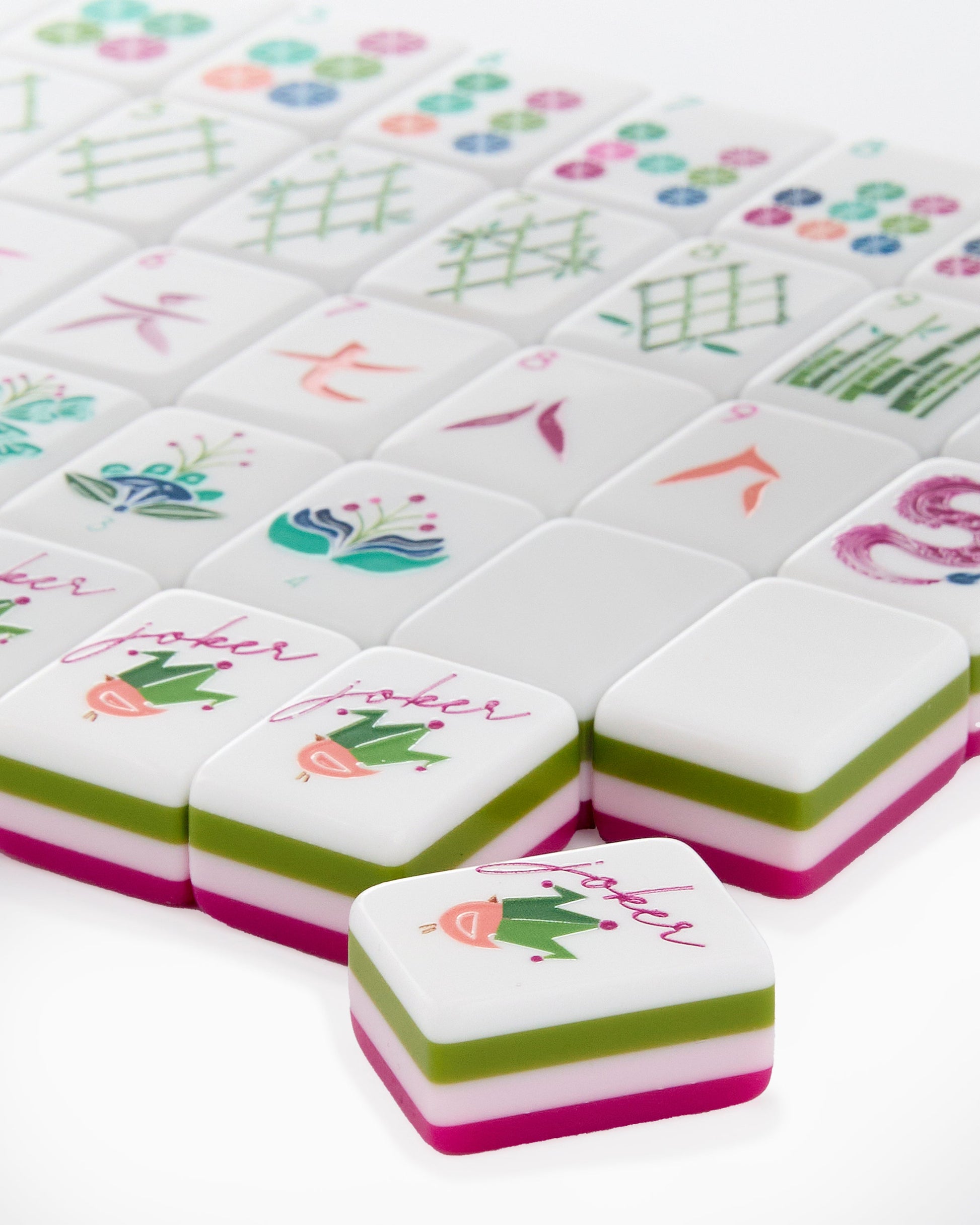 Fuchsia Bloom rose red acrylic American mahjong tile set close-up tile artwork and layered acrylic backs