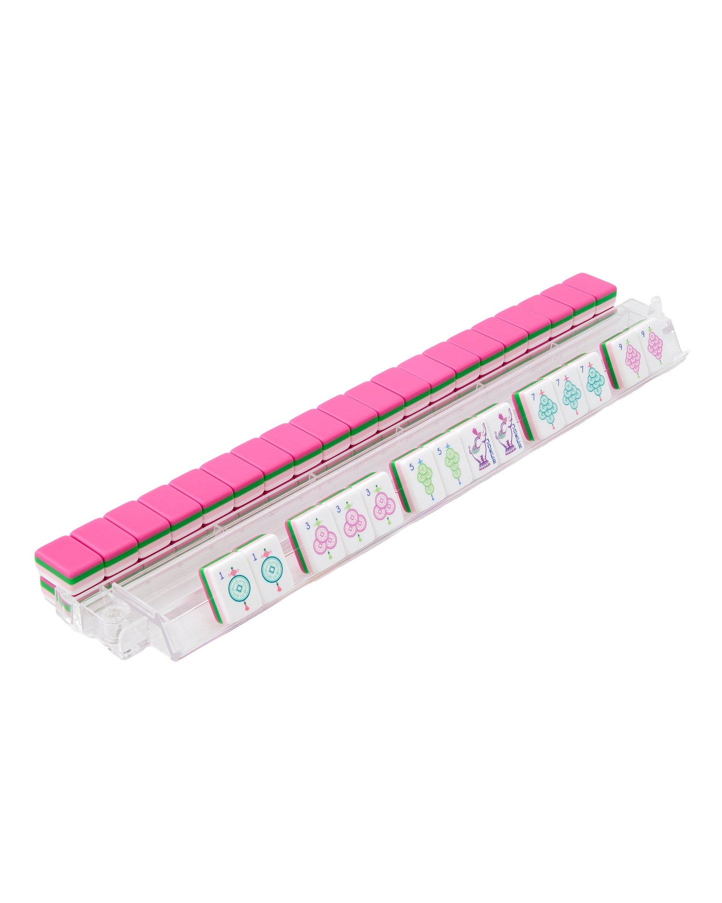 Fuchsia Elephant fuchsia pink acrylic American mahjong tile set tiles arranged on a clear pusher