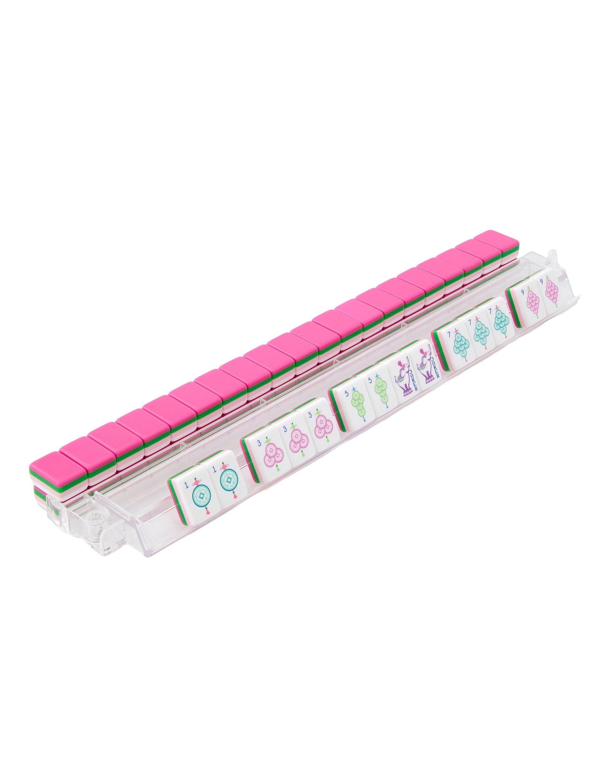 Fuchsia Elephant fuchsia pink acrylic American mahjong tile set tiles arranged on a clear pusher