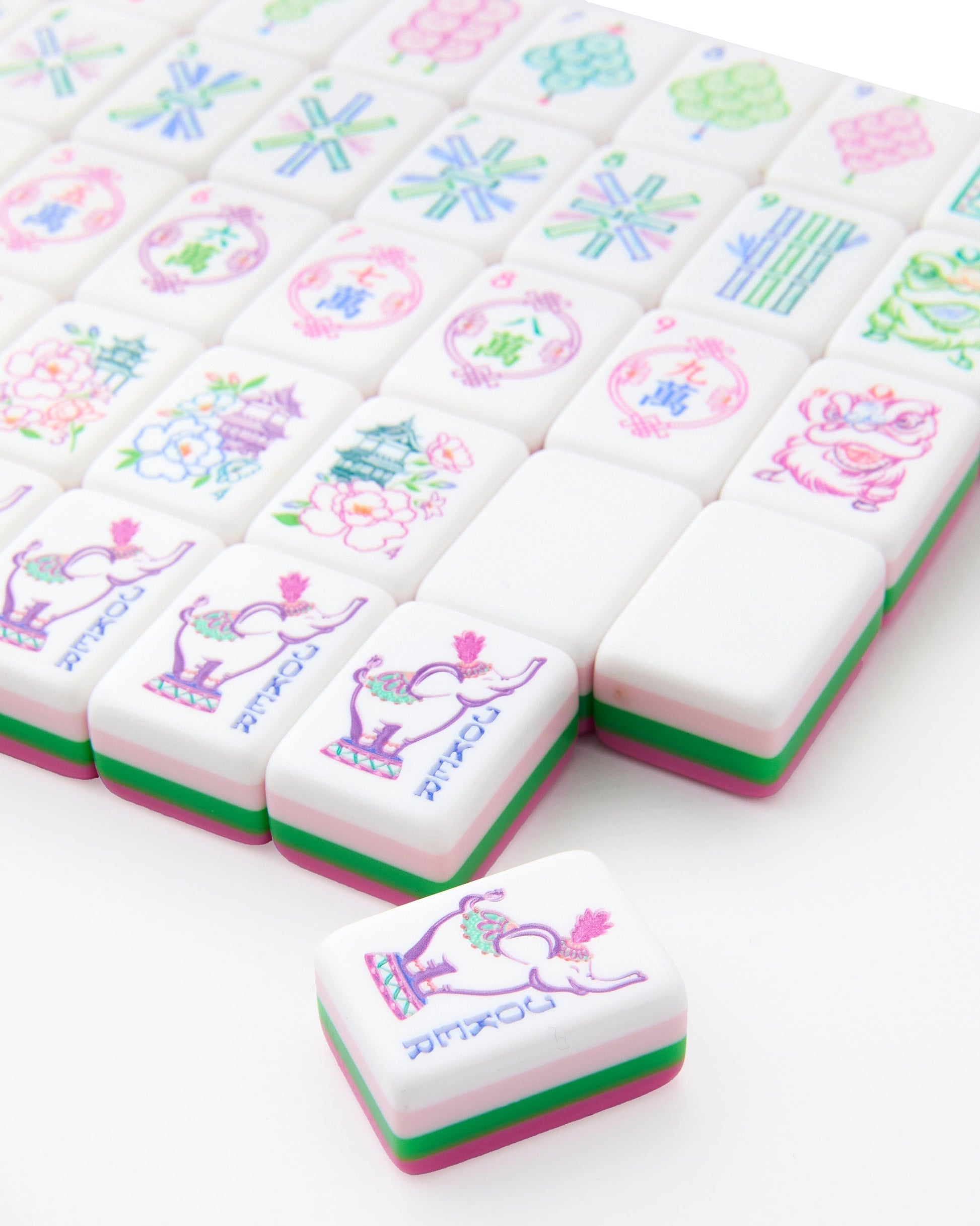 Fuchsia Elephant fuchsia pink acrylic American mahjong tile set close-up tile artwork and layered acrylic backs