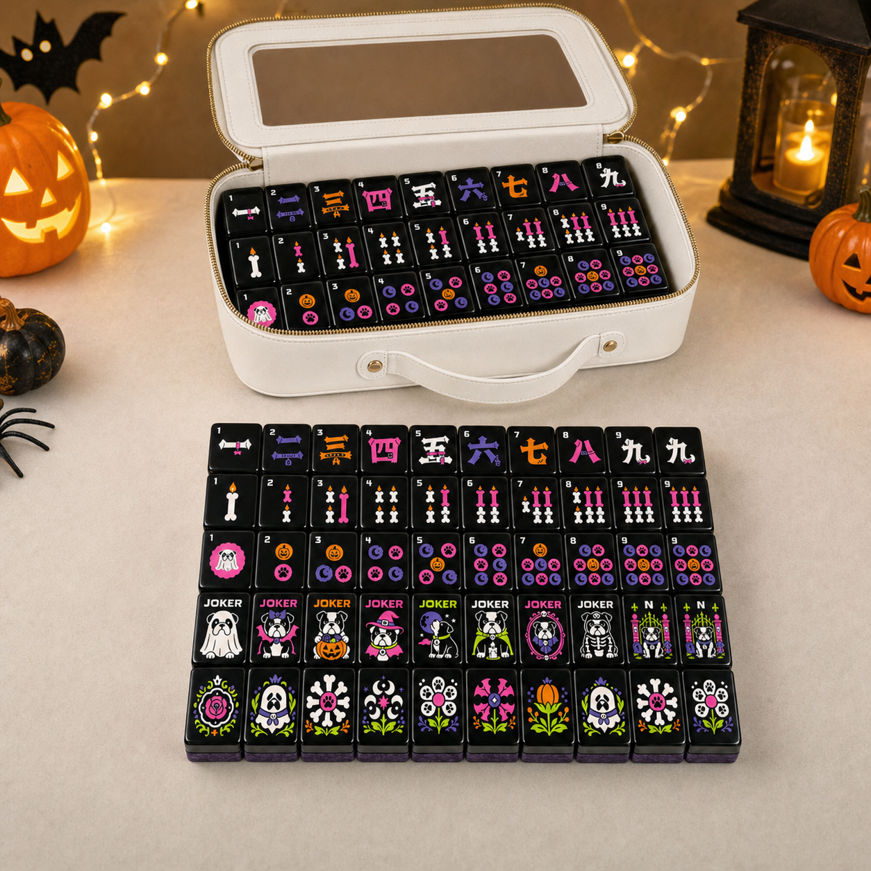 Wicked Bulldog Halloween Mahjong gift set styled lifestyle scene – open white carrying case with tiles displayed alongside a full row of gothic mahjong tiles, jack-o'-lanterns, string lights, lantern, and spider decorations – perfect Halloween hostess gift, October birthday, or American mahjong collector novelty