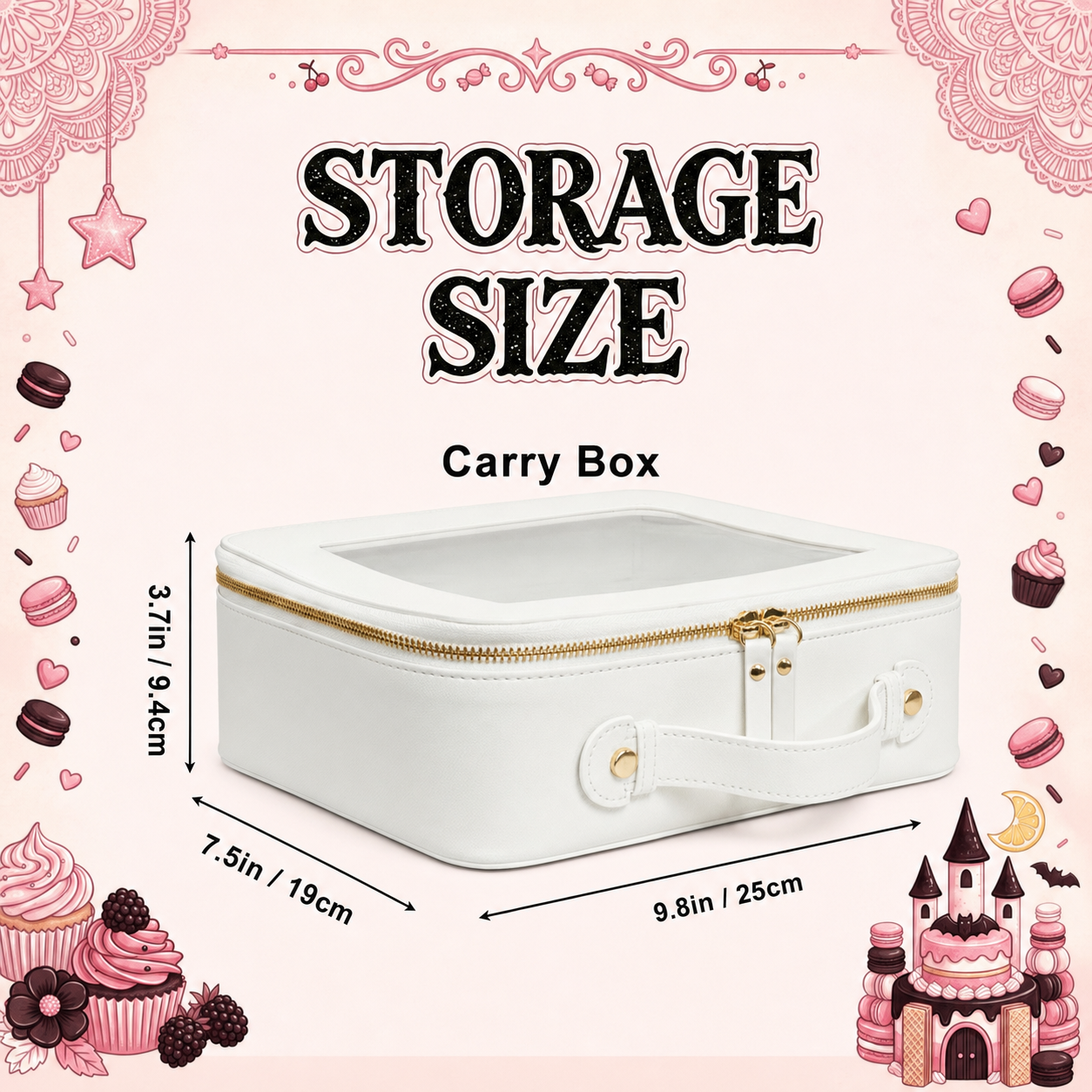 Gothic Dessert Halloween mahjong storage carry box size diagram — 9.8in x 7.5in x 3.7in white faux-leather case with clear top window and gold zipper, surrounded by pink cupcake and dessert illustrations