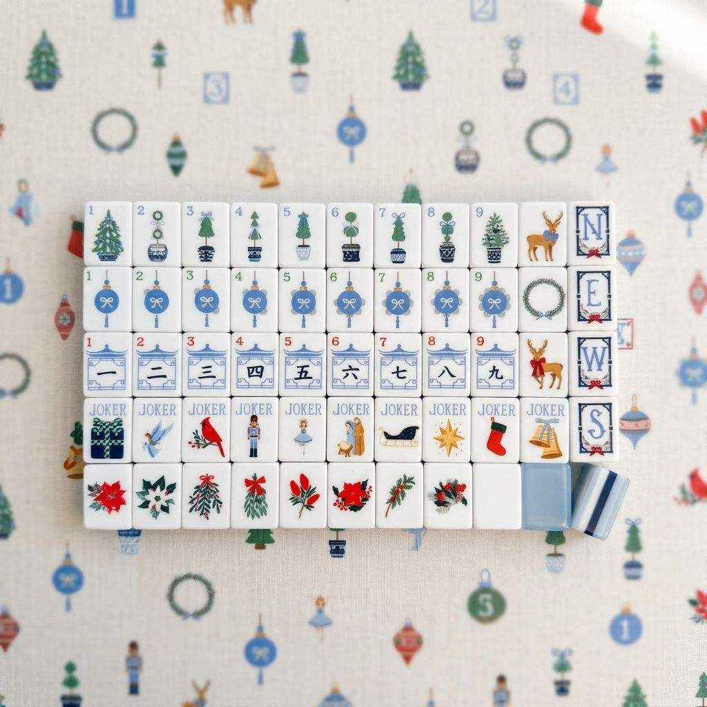 Frosted Blue Noel acrylic American mahjong full tile grid on festive cloth — pale blue backs and holiday faces, Mahjong Loft
