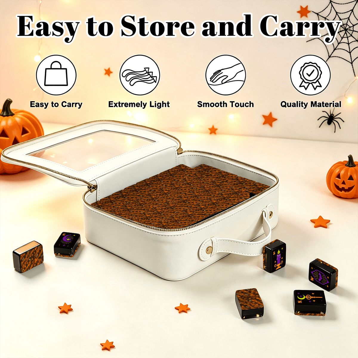 Pumpkin Hex Halloween mahjong set shown in a white carrying case with clear-lid storage, styled with pumpkins and star confetti