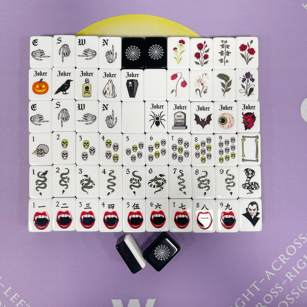 Midnight Fang Halloween acrylic American mahjong full tile grid — vampire fangs snake skulls spiderweb backs, Mahjong Loft