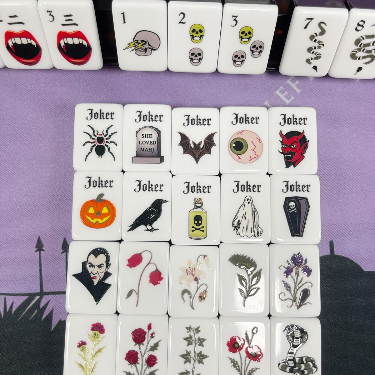 Midnight Fang Halloween acrylic American mahjong joker and botanical tile layout — tombstone ghost coffin detail, Mahjong Loft