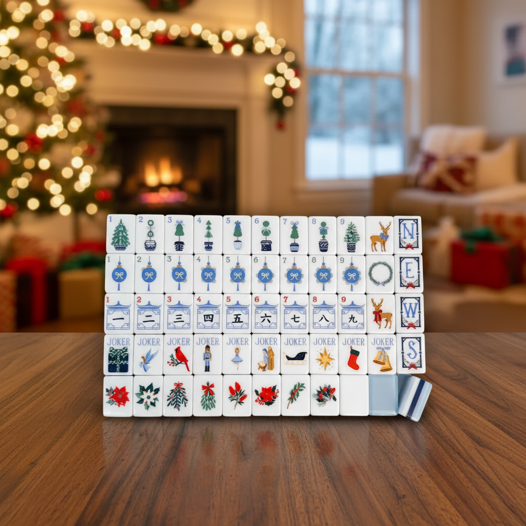 Frosted Blue Noel acrylic American mahjong standing tile grid in holiday room — Christmas lifestyle table setting, Mahjong Loft