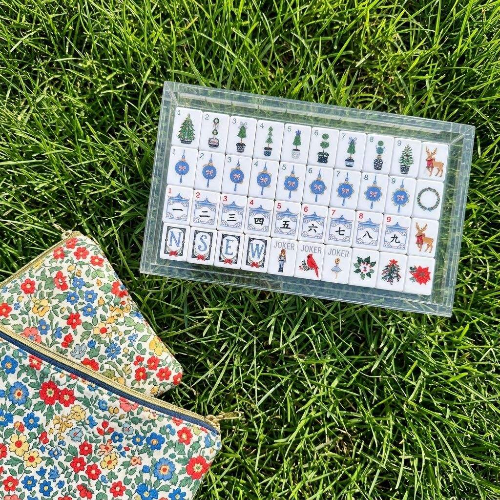 Frosted Blue Noel acrylic American mahjong tiles in glitter tray on grass — elegant holiday display, Mahjong Loft