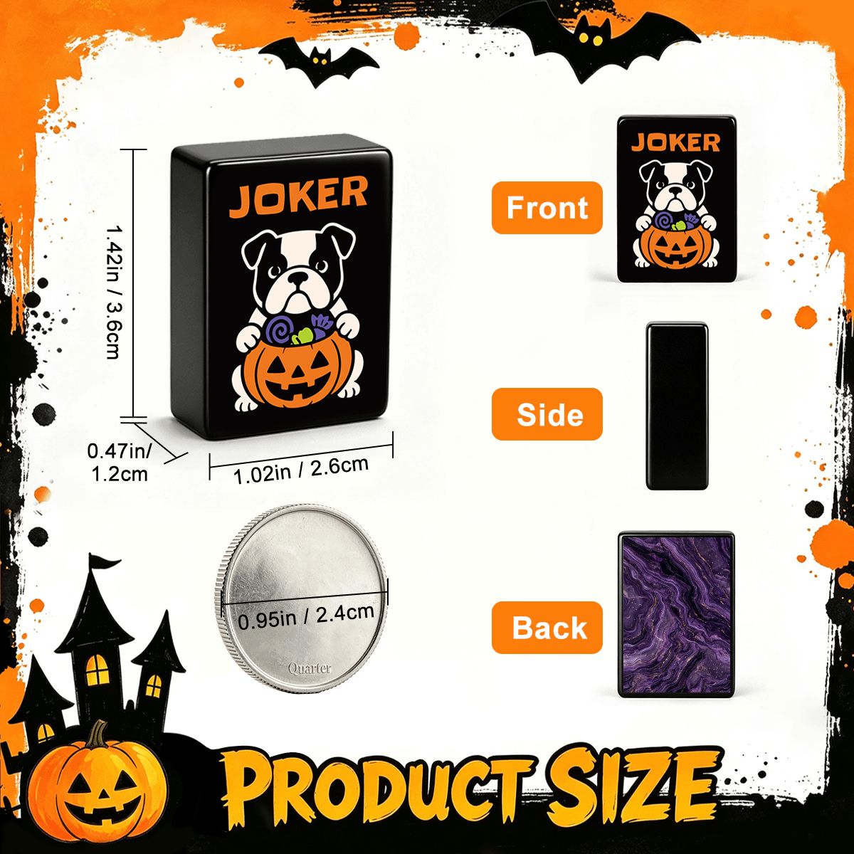 Product size diagram of Wicked Bulldog Halloween mahjong tile – 1.42in / 3.6cm tall, 1.02in / 2.6cm wide, 0.47in / 1.2cm thick with front, side, and back views and 0.95in / 2.4cm dice