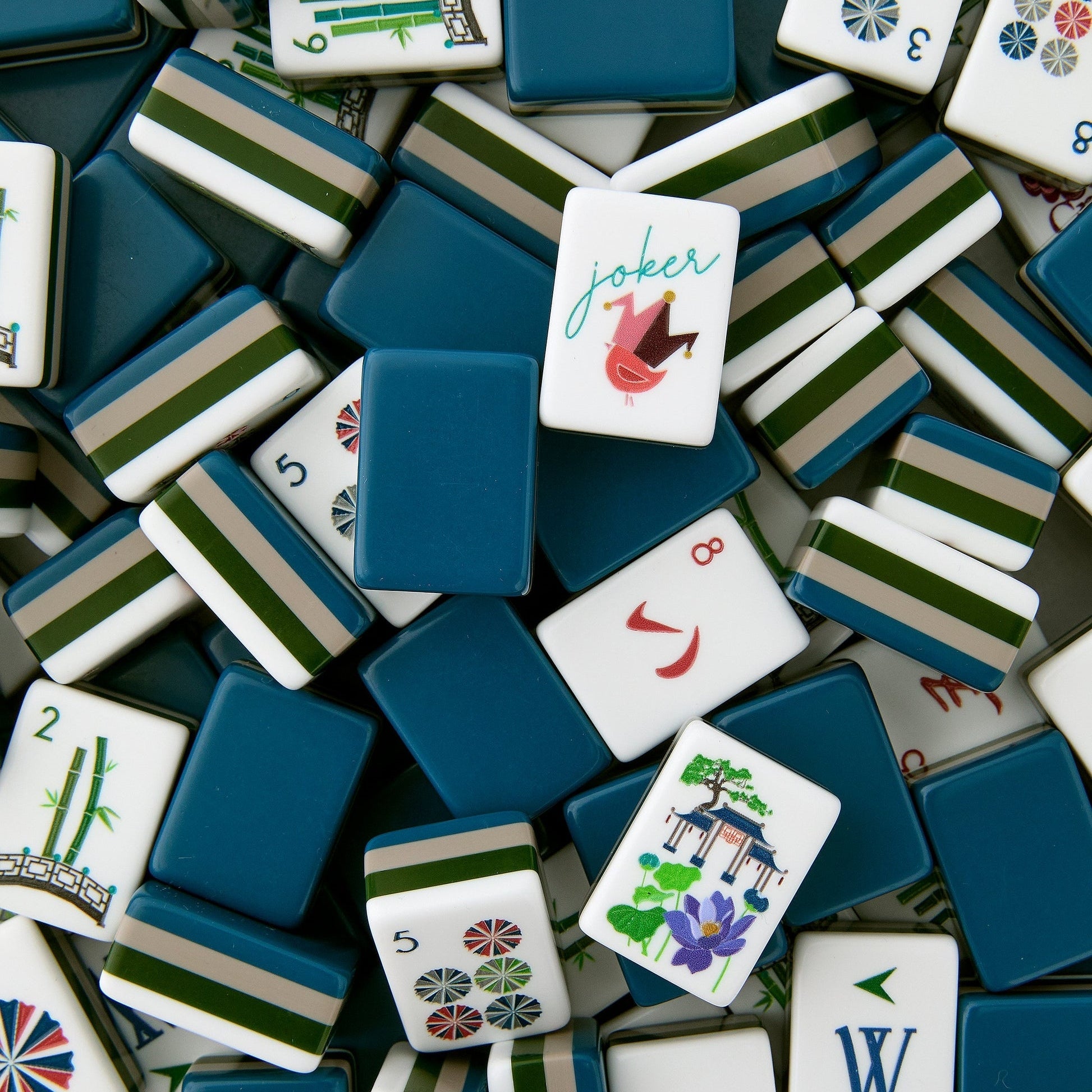 Midnight Garden navy blue acrylic American mahjong tile set tiles and coordinated colors