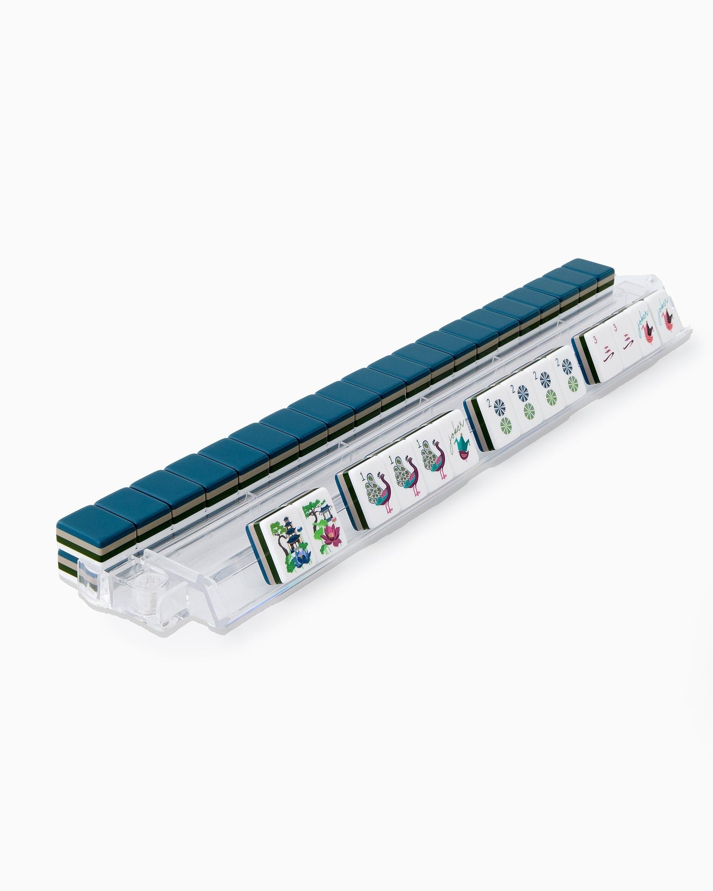 Midnight Garden navy blue acrylic American mahjong tile set tiles arranged on a clear pusher
