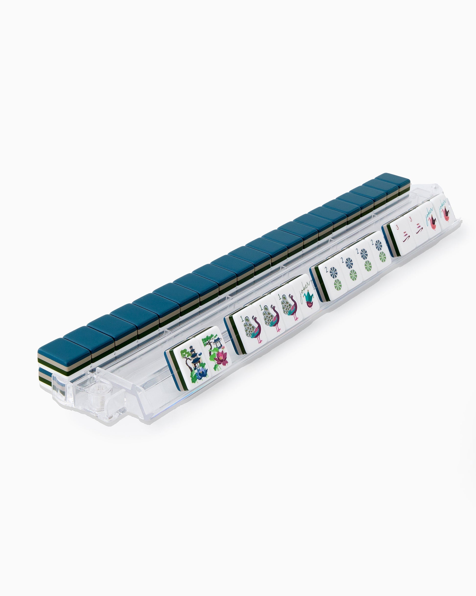 Midnight Garden navy blue acrylic American mahjong tile set tiles arranged on a clear pusher