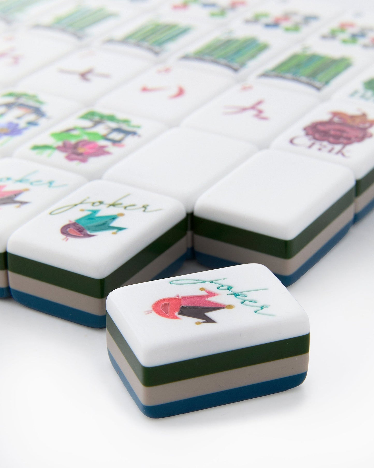 Midnight Garden navy blue acrylic American mahjong tile set close-up tile artwork and layered acrylic backs