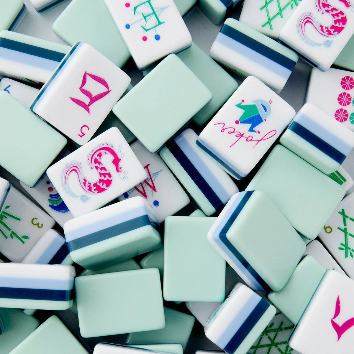Mint Blossom light green acrylic American mahjong tile set tiles and coordinated colors