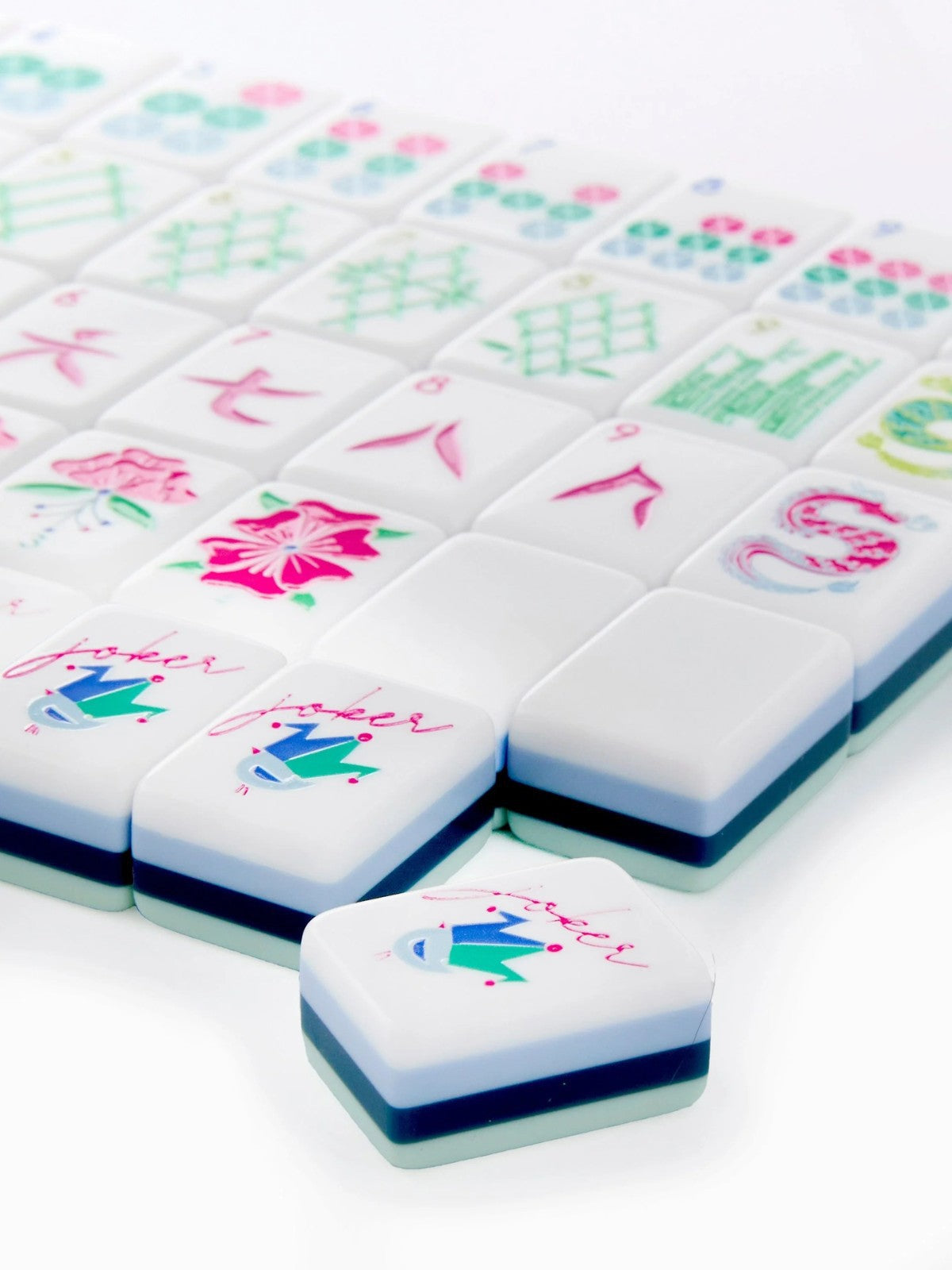 Mint Blossom light green acrylic American mahjong tile set close-up tile artwork and layered acrylic backs