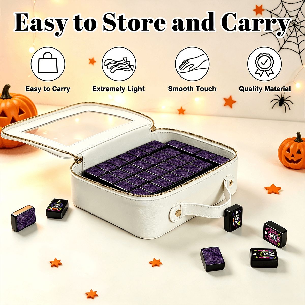 White zippered mahjong travel case with clear lid holding purple textured tiles – easy to store and carry, extremely light, smooth touch, quality material, with pumpkins and Halloween decor